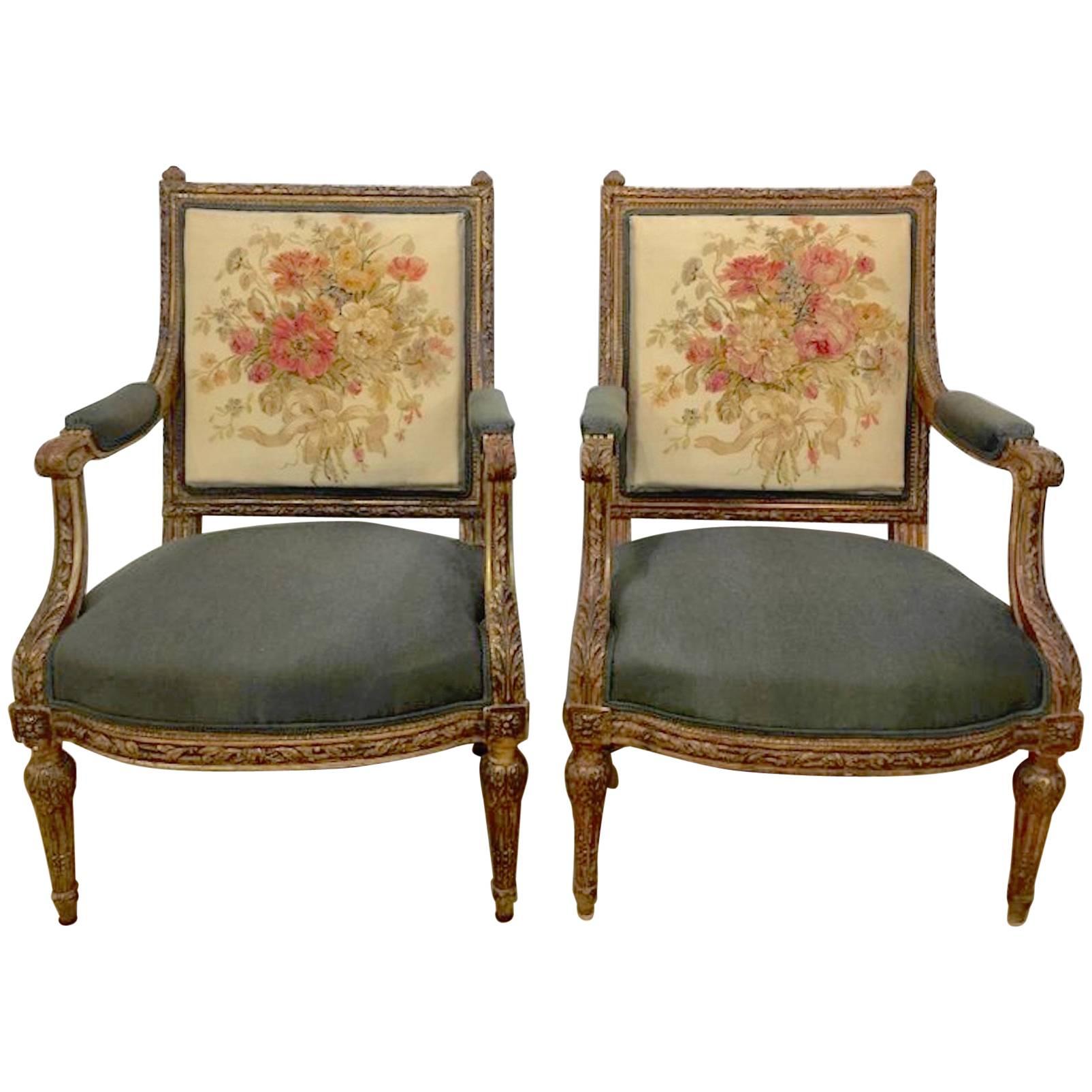 19th Century Louis XVI Style Aubusson Chairs, a Pair