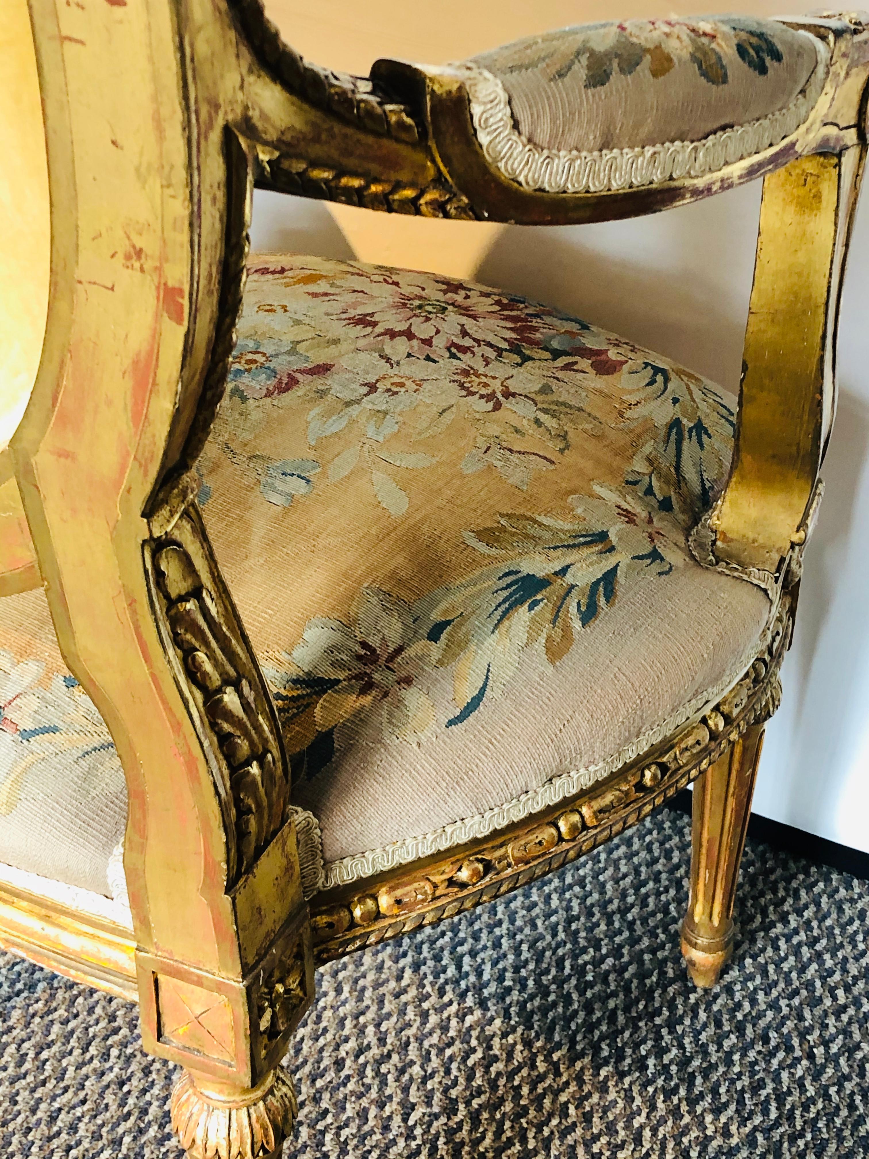 19th Century Louis XVI Style Aubusson Salon / Parlor Set, Settee Four Fauteuils 12