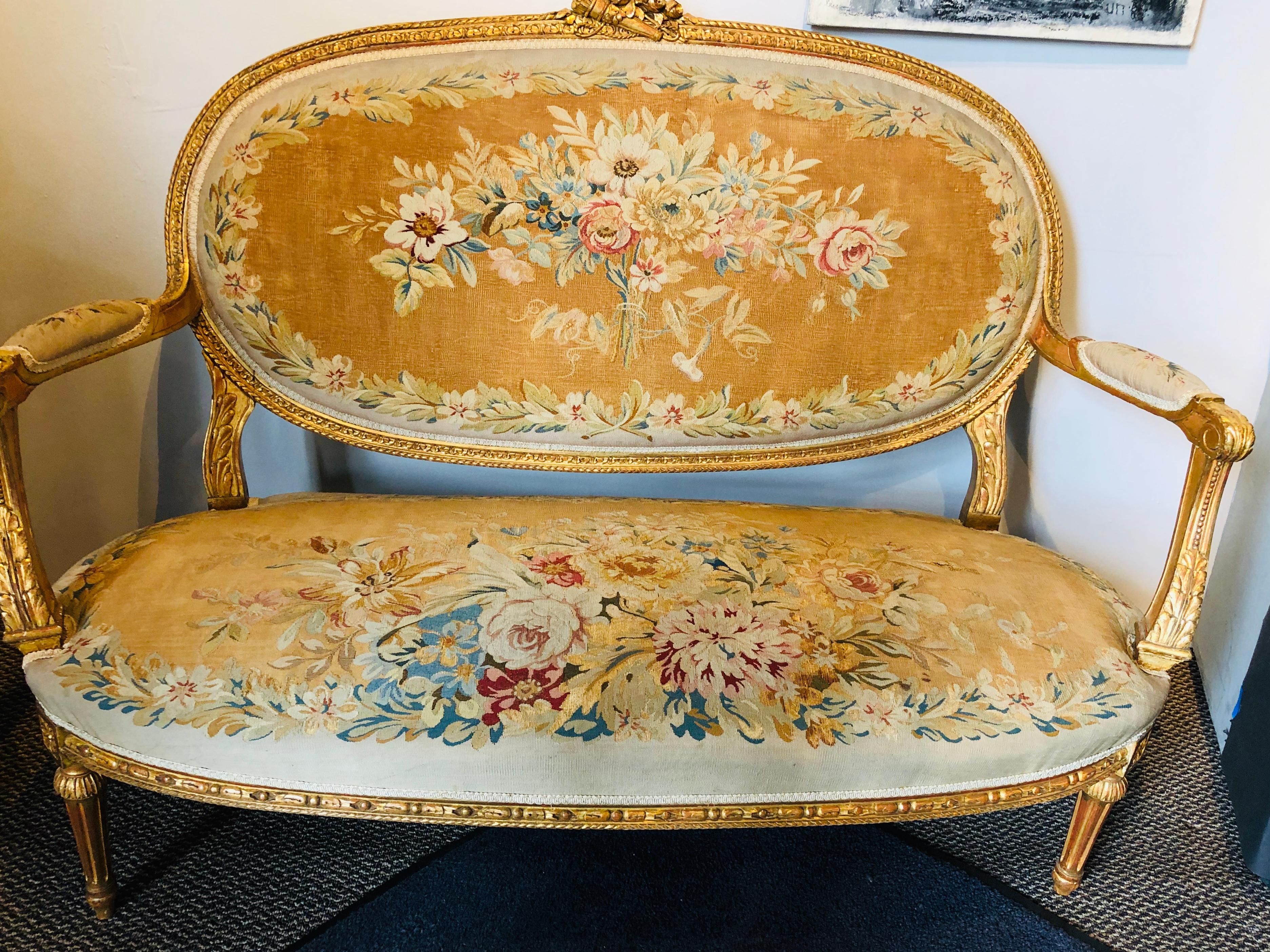 Gilt 19th Century Louis XVI Style Aubusson Salon / Parlor Set, Settee Four Fauteuils