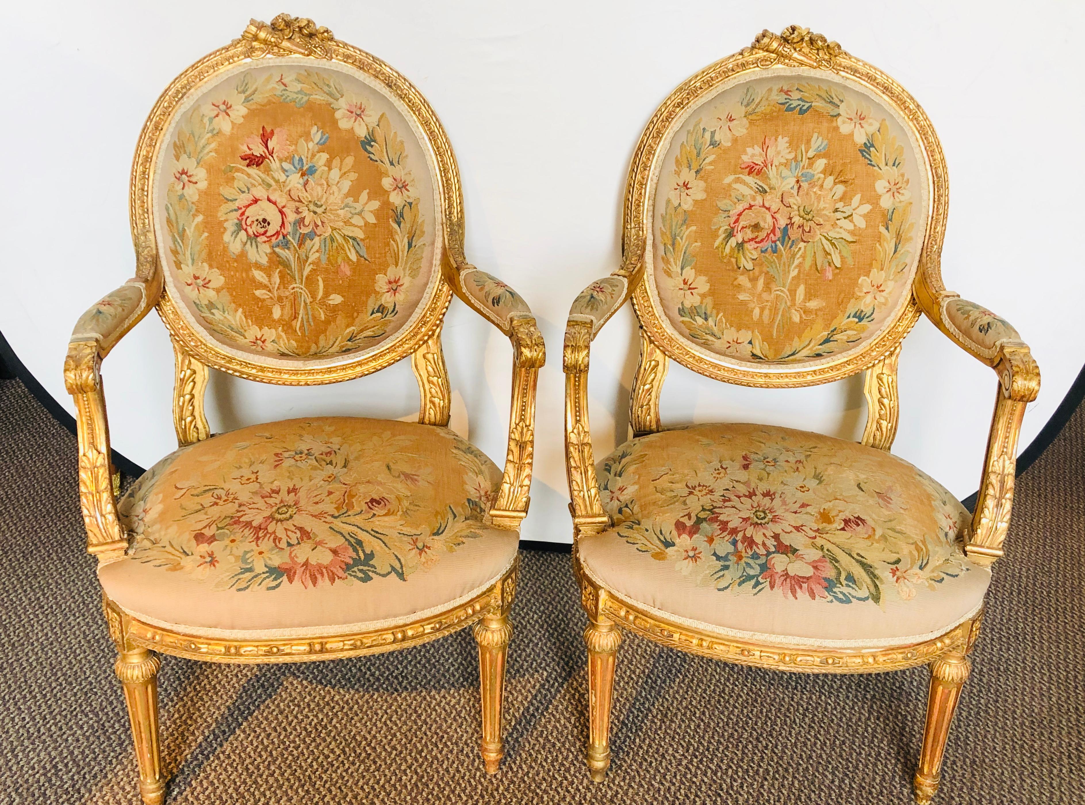 Upholstery 19th Century Louis XVI Style Aubusson Salon / Parlor Set, Settee Four Fauteuils