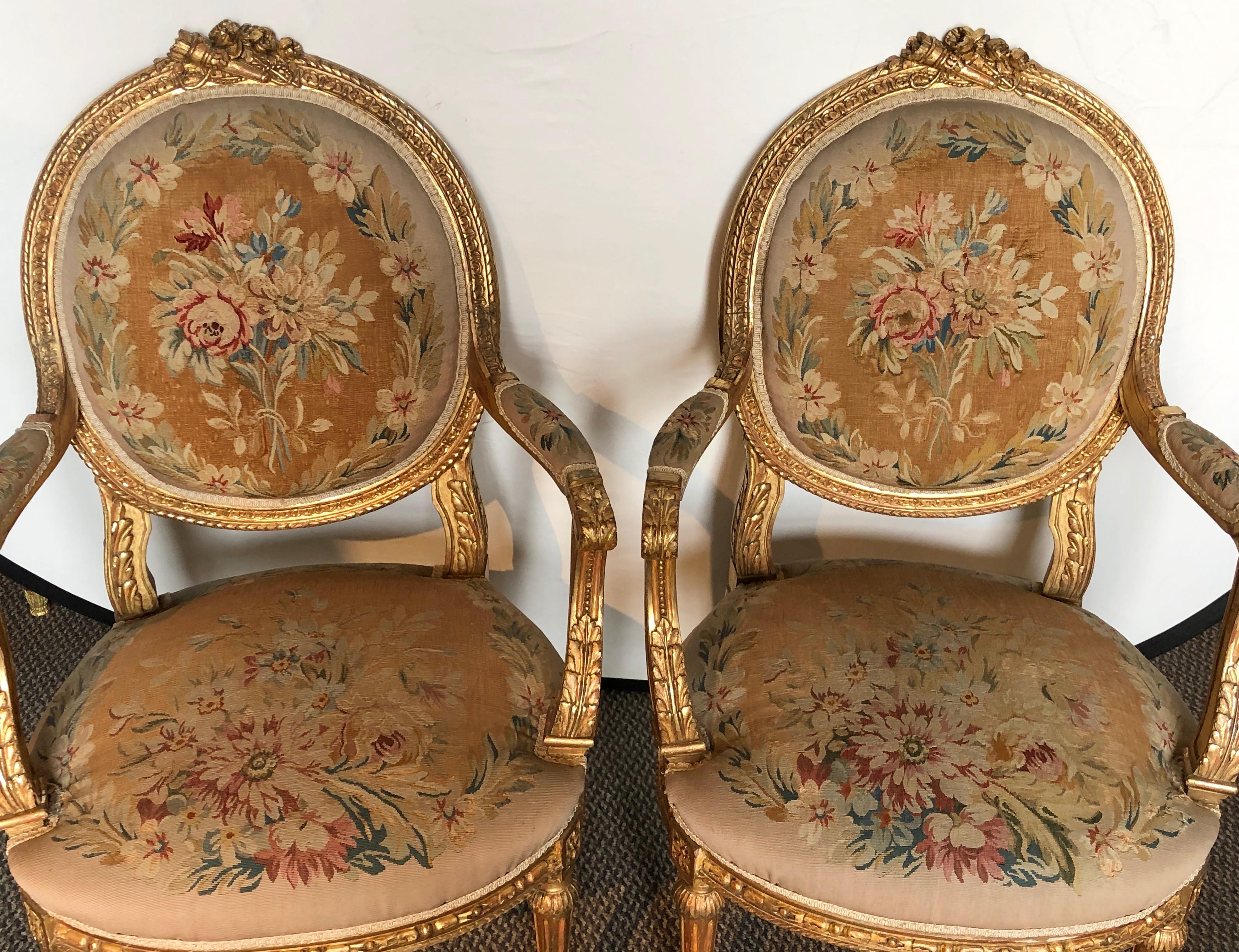 19th Century Louis XVI Style Aubusson Salon / Parlor Set, Settee Four Fauteuils 1