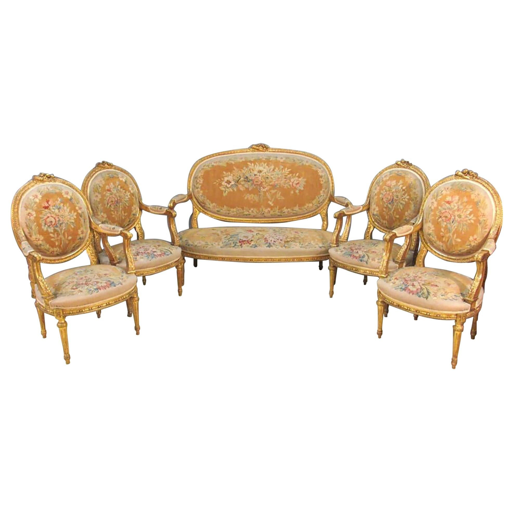 19th Century Louis XVI Style Aubusson Salon / Parlor Set, Settee Four Fauteuils