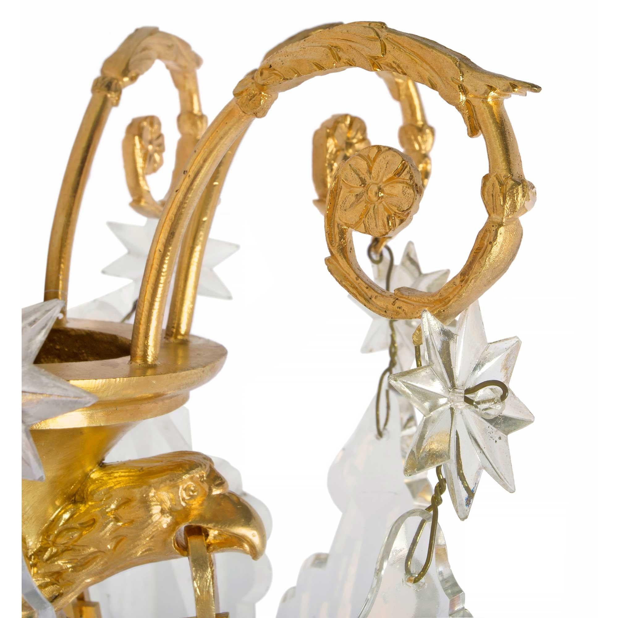 19th Century Louis XVI Style Baccarat Crystal and Ormolu Three-Light Sconces In Good Condition For Sale In West Palm Beach, FL