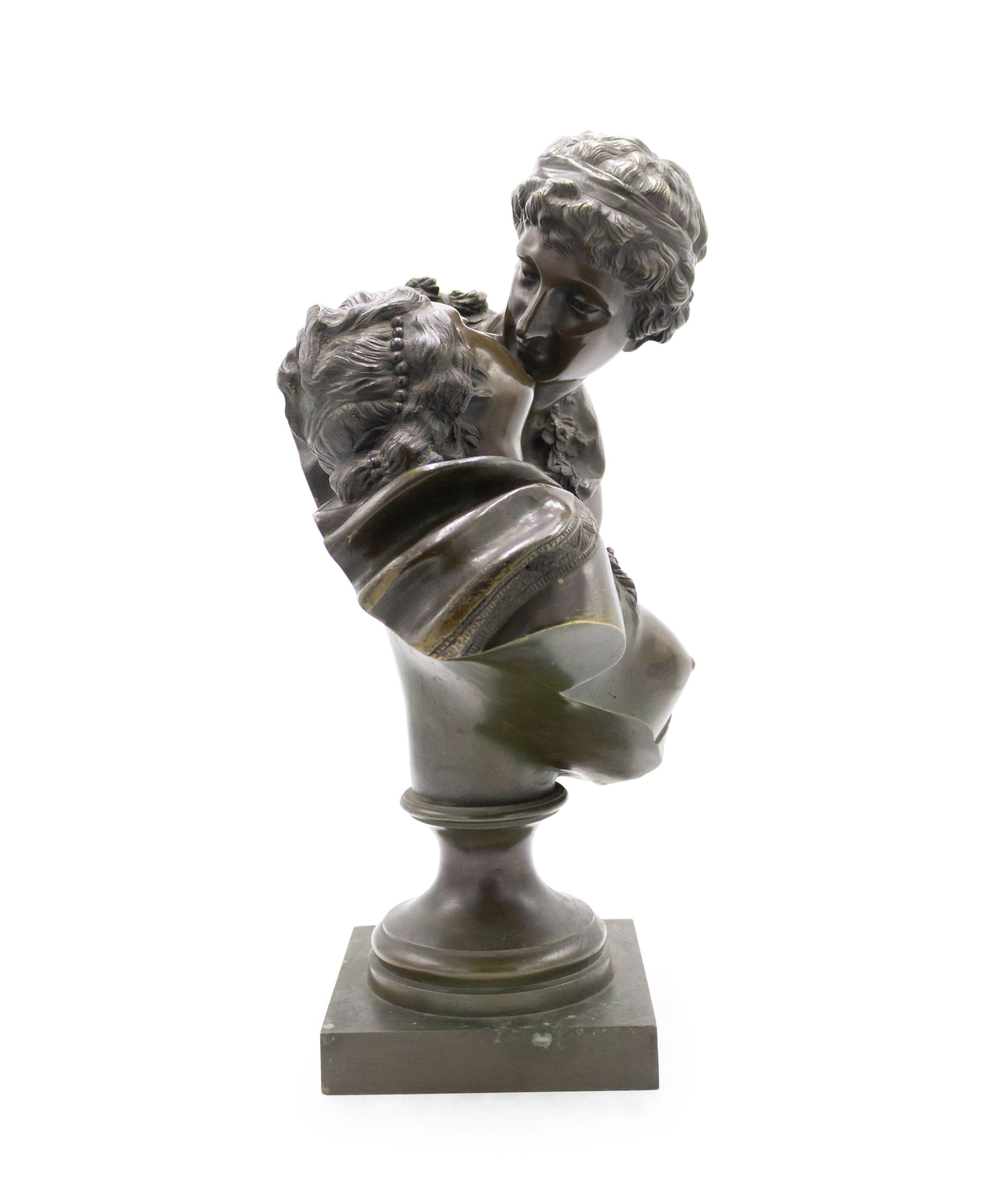 French Louis XVI style (19th Century) bronze bust of two lovers on bronze square shaped base (signed HOUDON).
 