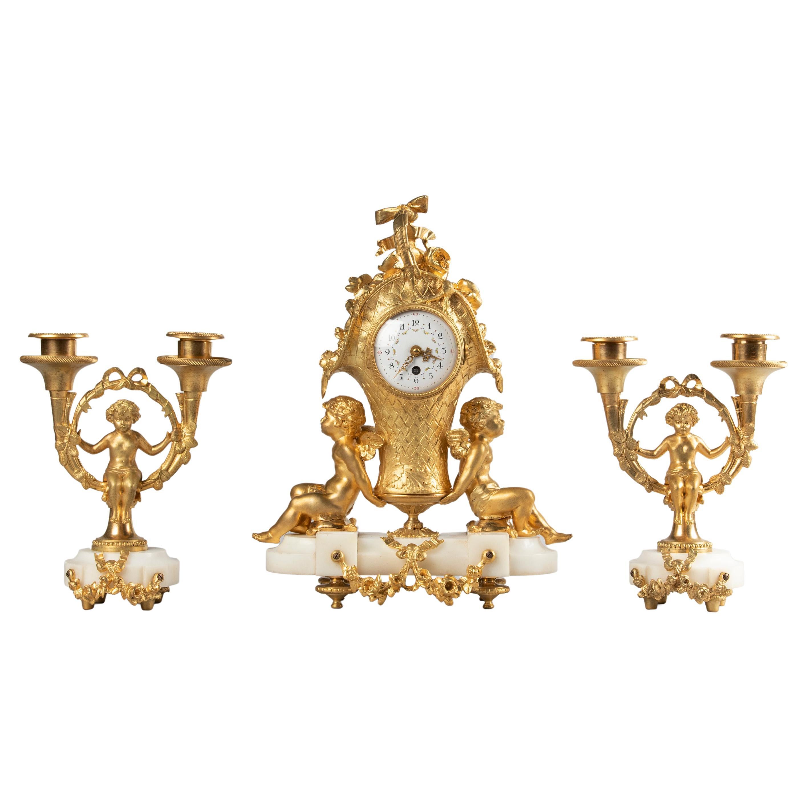 19th Century Louis XVI Style Bronze Ormolu Mantel Clock Garniture