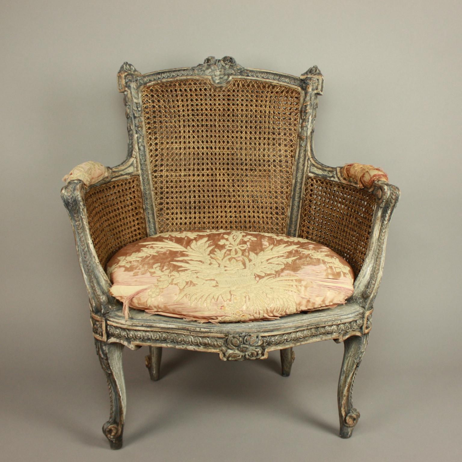 Napoleon III 19th Century Louis XVI Style Caned and Painted Bergere or Armchair