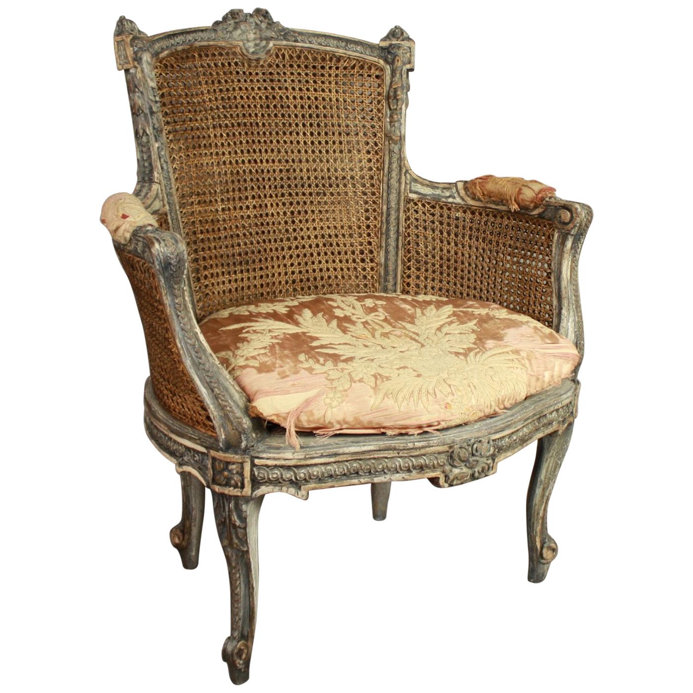19th Century Louis XVI Style Caned and Painted Bergere or Armchair