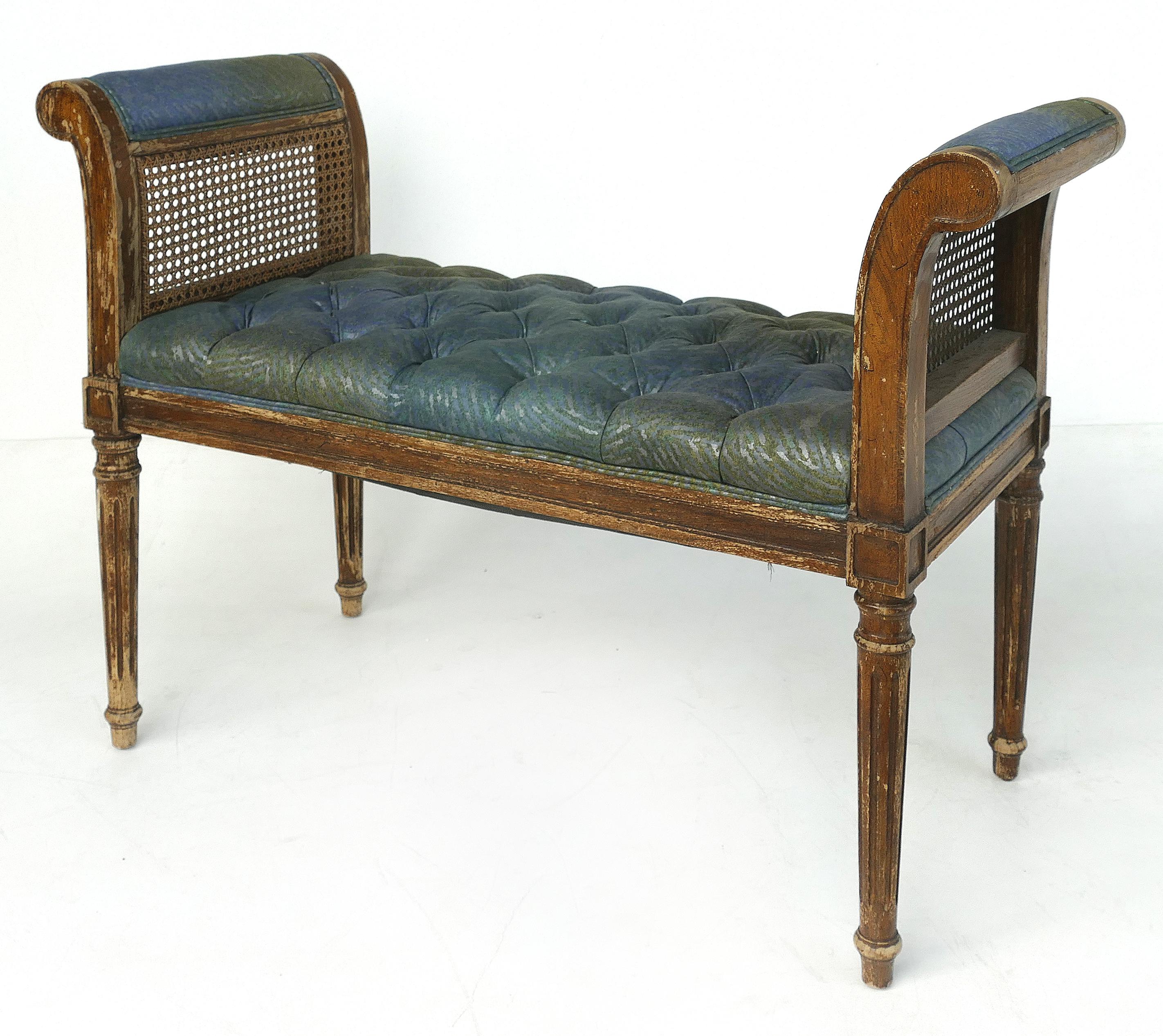 19th Century Louis XVI Style Caned Benches with Tufted Seats In Fair Condition In Miami, FL