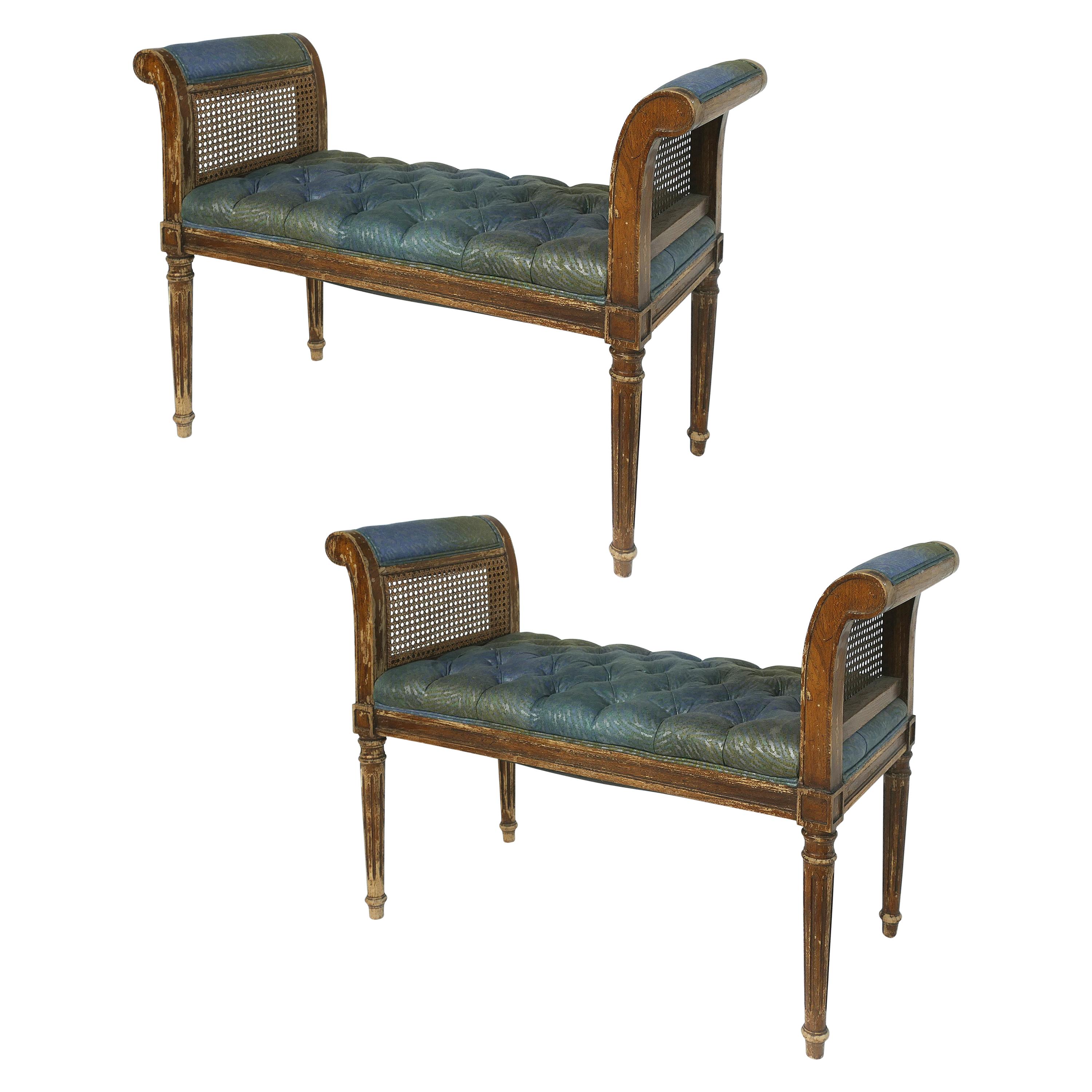 19th Century Louis XVI Style Caned Benches with Tufted Seats