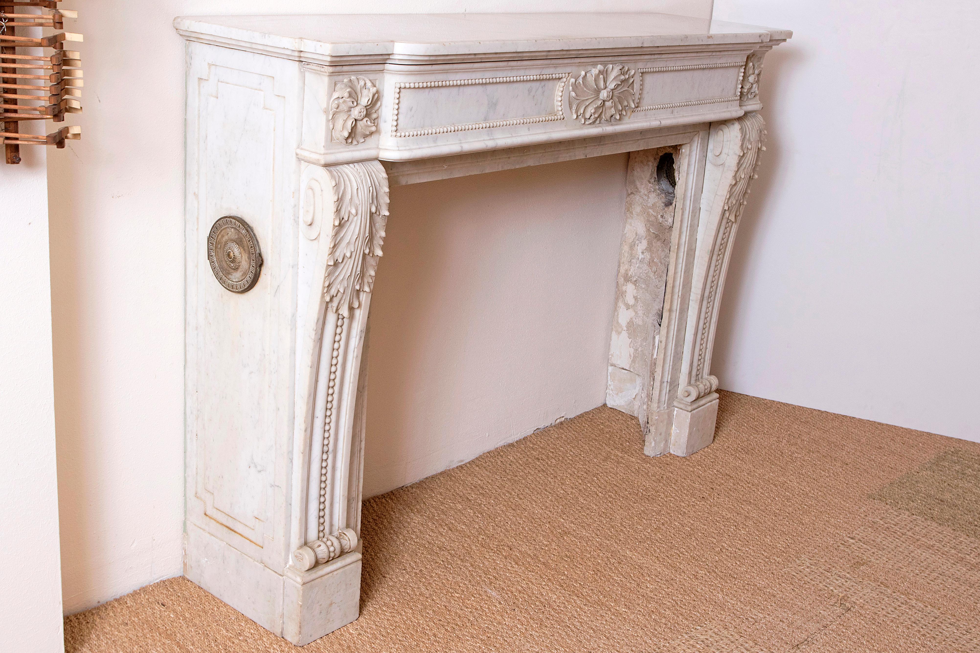 French 19th Century Louis XVI Style Carrara Marble Fireplace Surround / Mantel