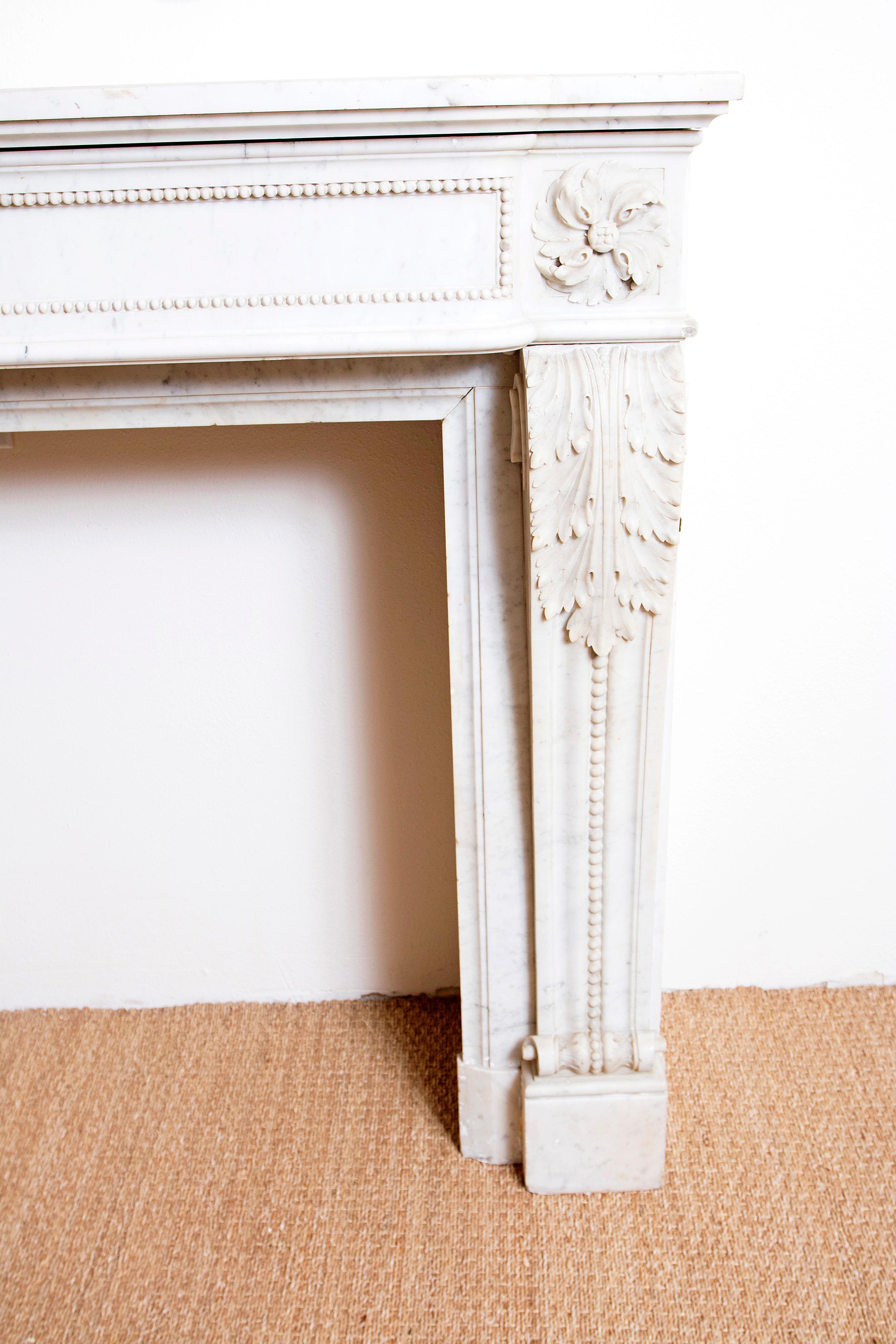 19th Century Louis XVI Style Carrara Marble Fireplace Surround / Mantel In Good Condition In Dallas, TX
