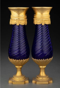 19th Century Louis XVI Style Cobalt Glass Gilt Bronze Vase Pair