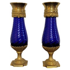 19th Century Louis XVI Style Cobalt Glass Gilt Bronze Vase Pair
