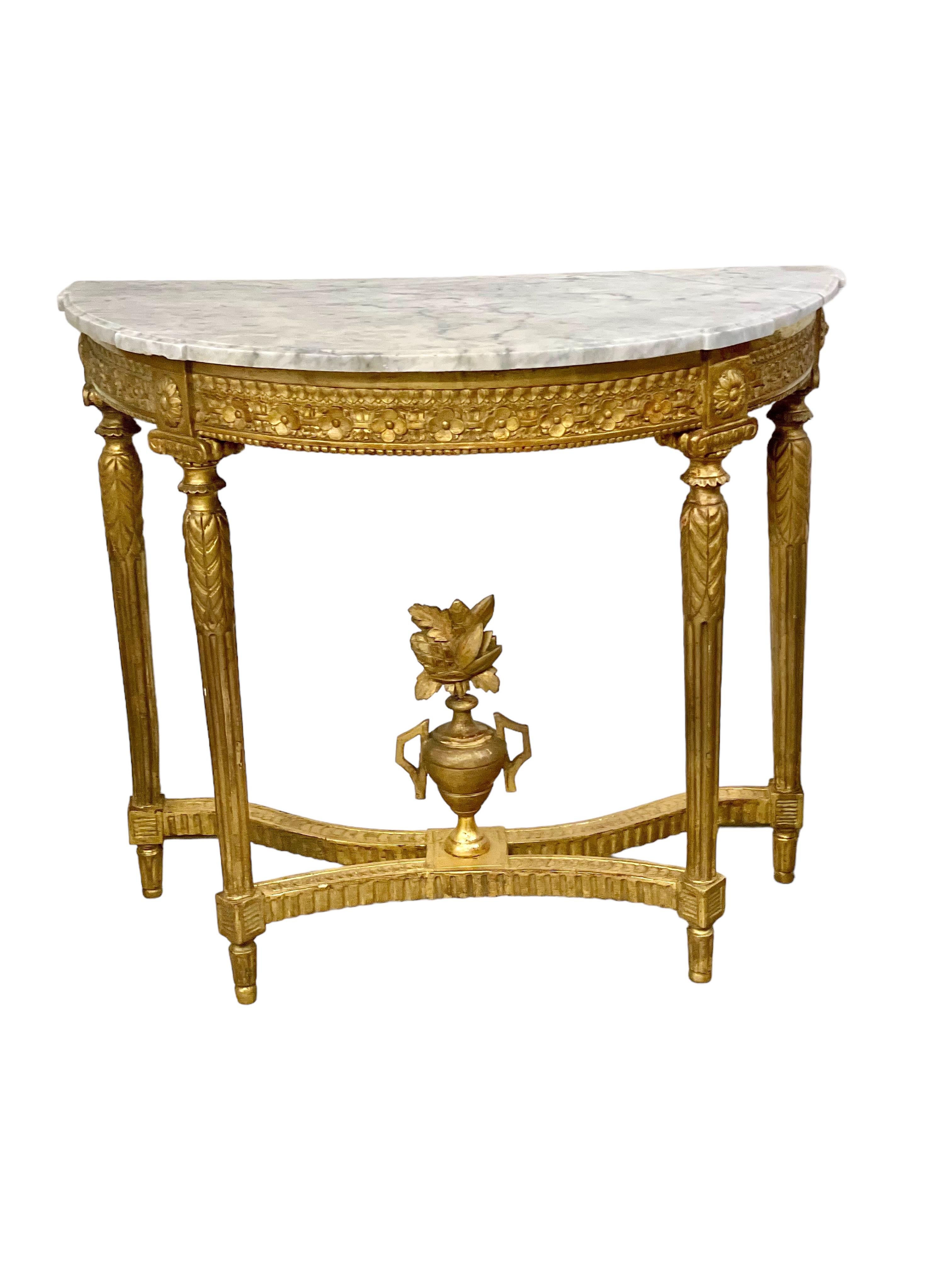 19th Century Louis XVI Style Demi Lune Giltwood Console Table In Good Condition For Sale In LA CIOTAT, FR