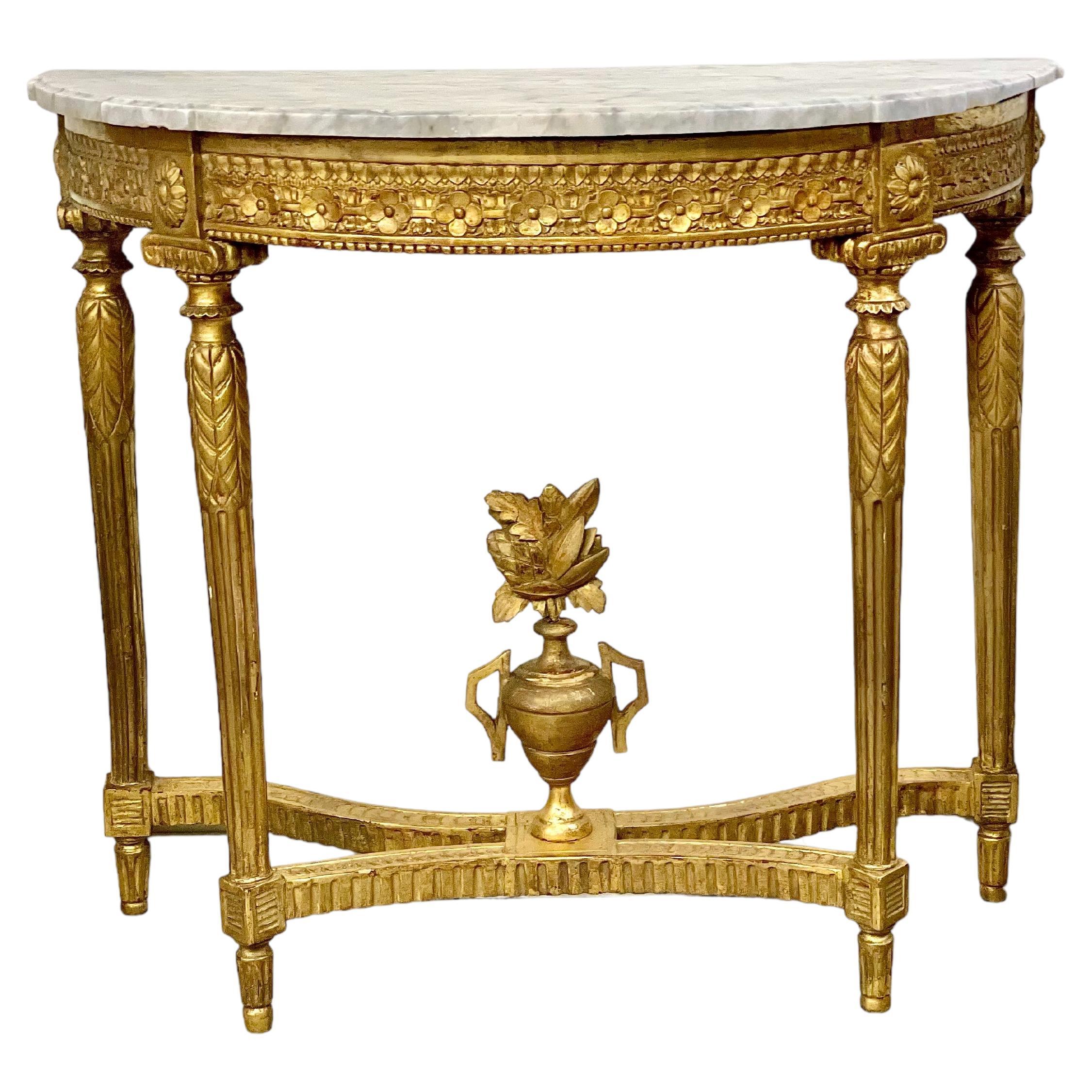 19th Century Louis XVI Style Demi-Lune Giltwood Console Table For Sale