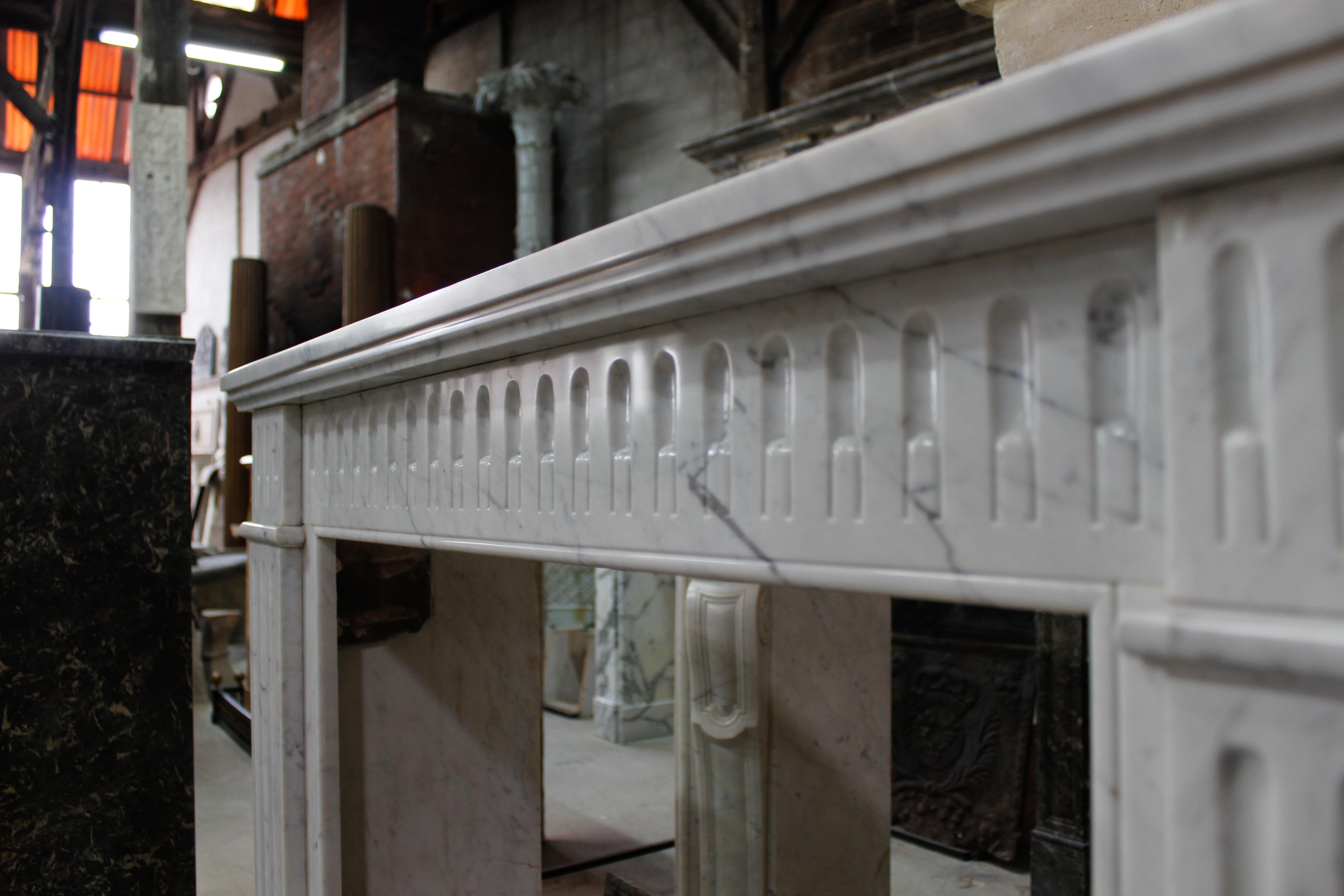 French 19th Century Louis XVI Style Fireplace in White Carrara Marble For Sale