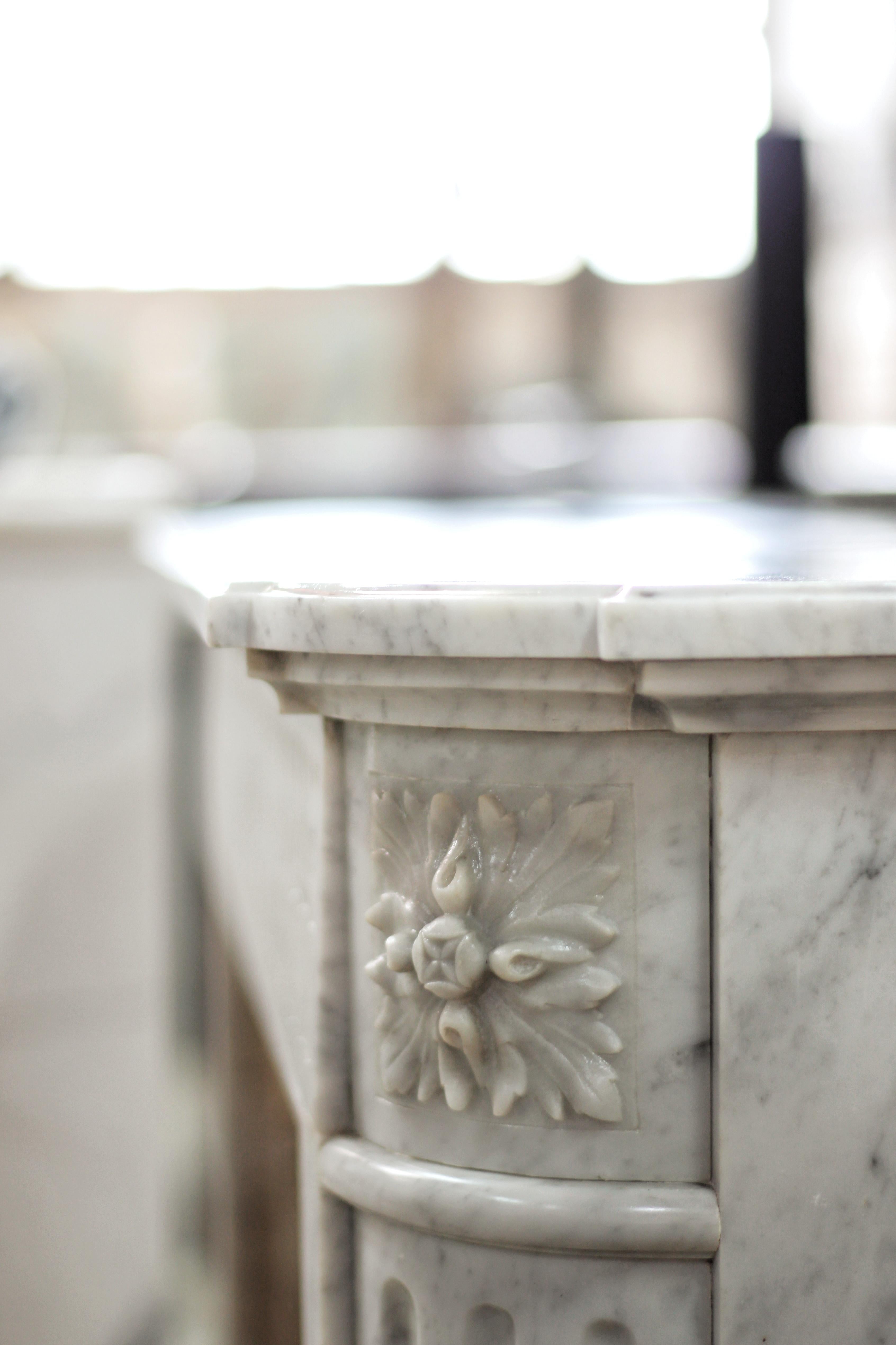 French 19th Century Louis XVI Style Fireplace in White Carrara Marble