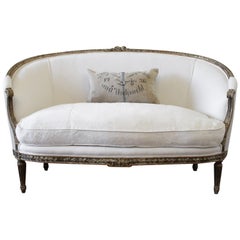 19th Century Louis XVI Style French Settee Upholstered in Antique Grain Sack