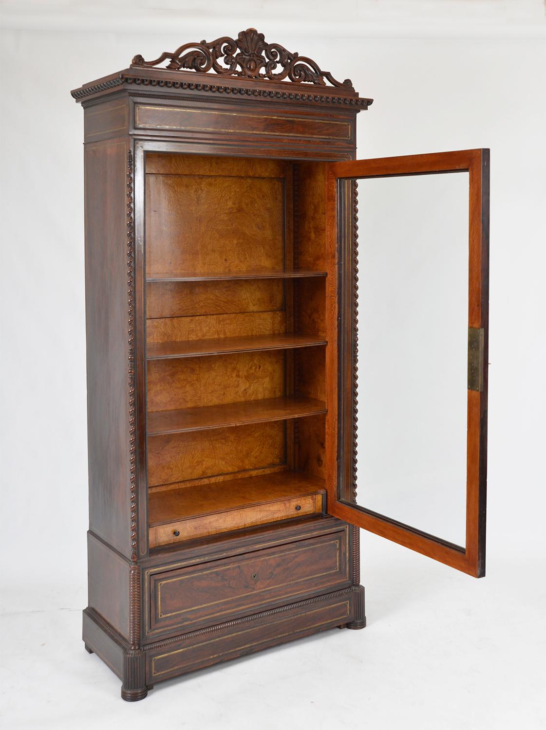 Carved 19th Century Louis XVI Style French Vitrine Display Cabinet Bookcase Rosewood For Sale