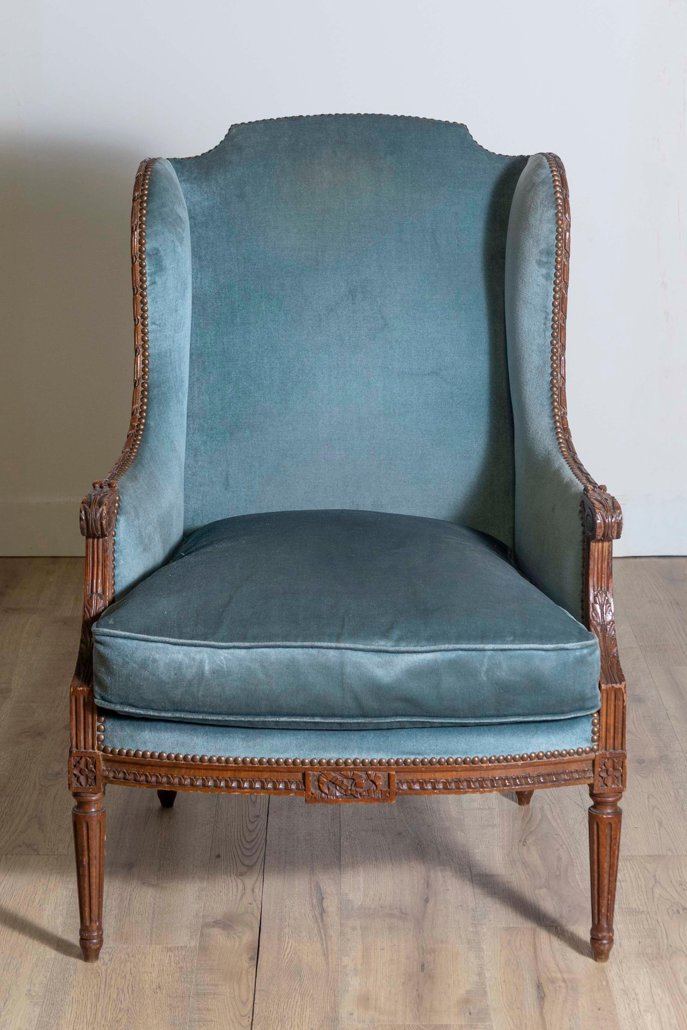 Swedish 19th Century Louis XVI Style French Walnut Bergère à Oreilles with Carved Décor For Sale