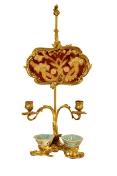 19th Century French Gilt Bronze Desk Candlestick with Cinese Ceramic Inkwell