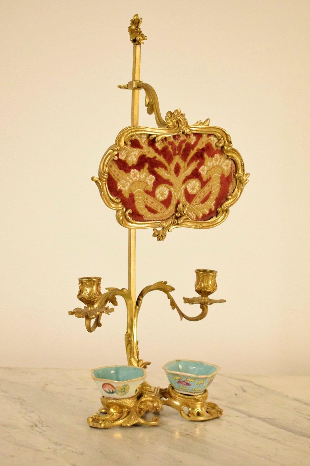 Louis XV 19th Century French Gilt Bronze Desk Candlestick with Cinese Ceramic Inkwell 