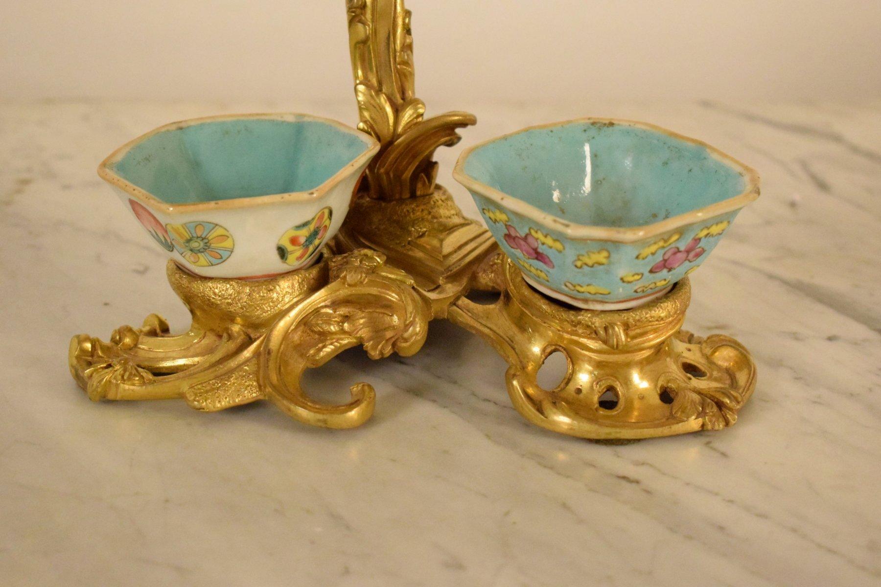 19th Century French Gilt Bronze Desk Candlestick with Cinese Ceramic Inkwell  1