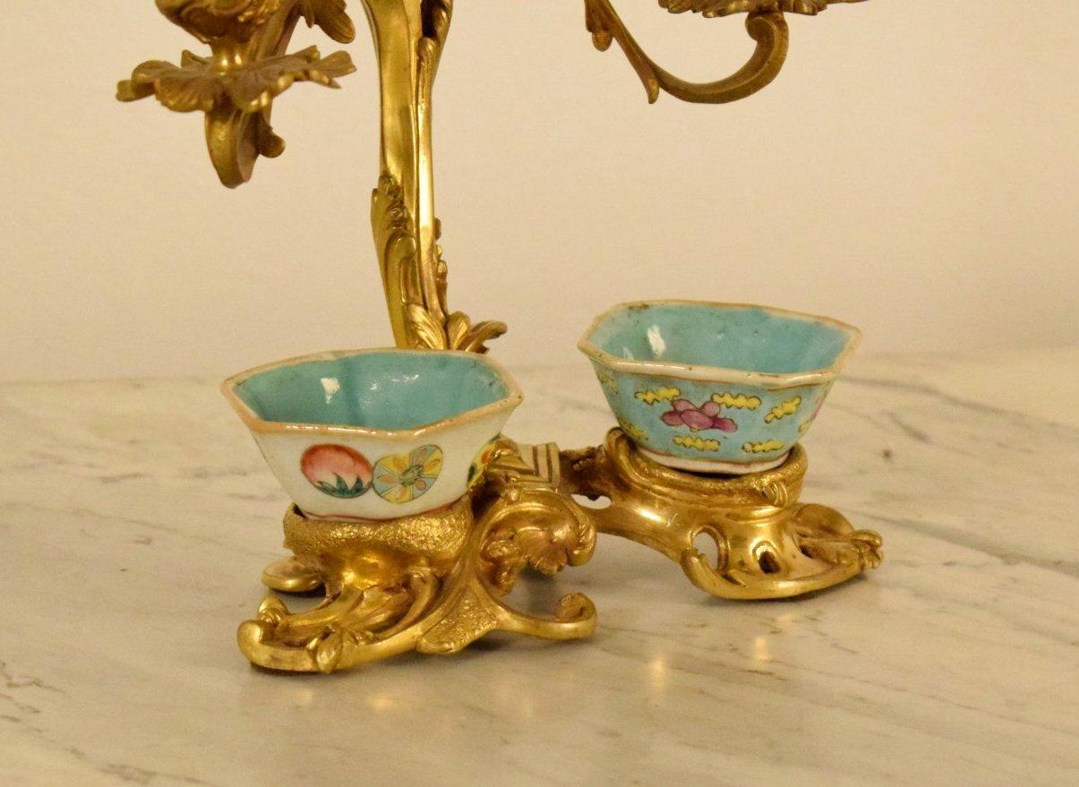19th Century French Gilt Bronze Desk Candlestick with Cinese Ceramic Inkwell  2