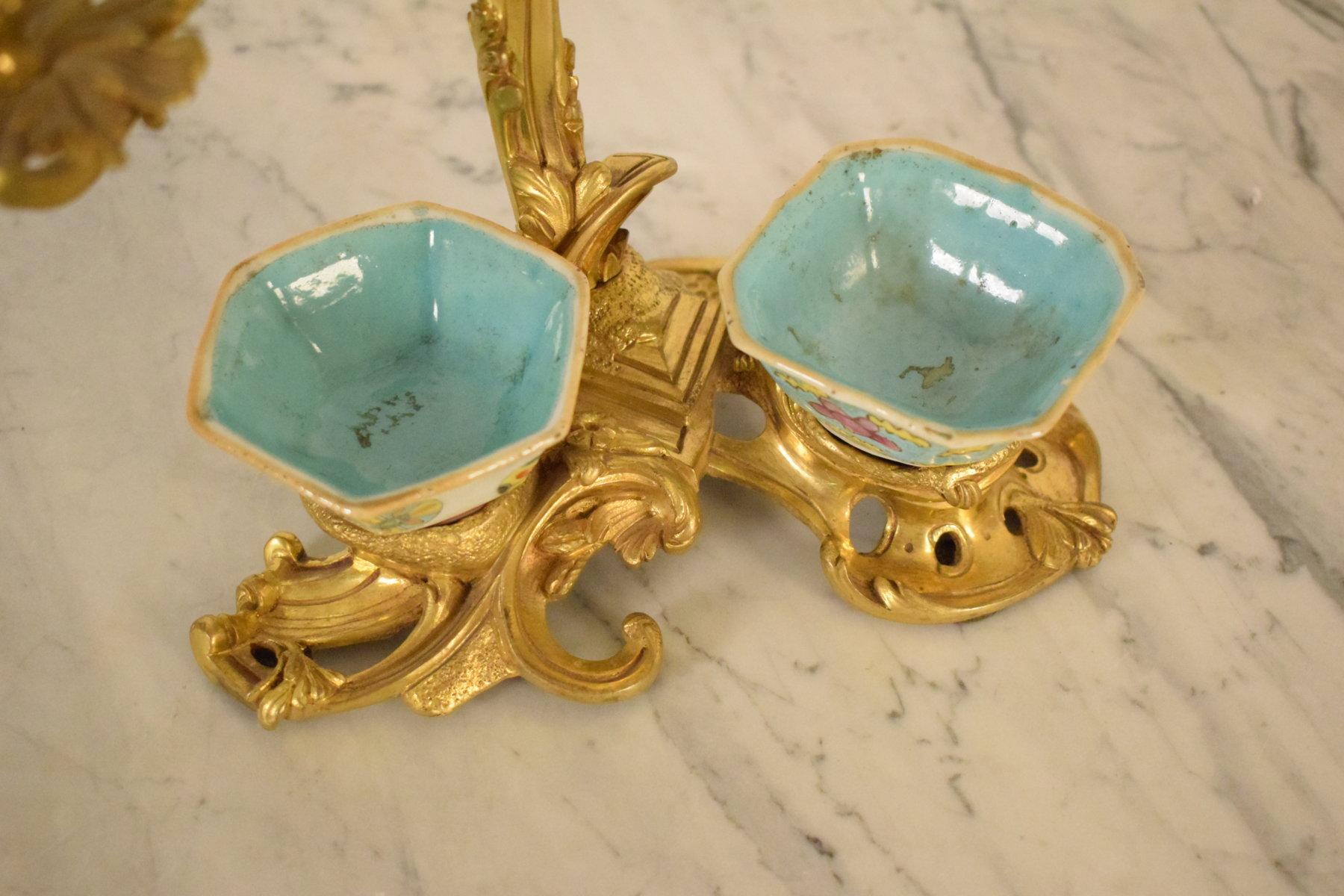 19th Century French Gilt Bronze Desk Candlestick with Cinese Ceramic Inkwell  3