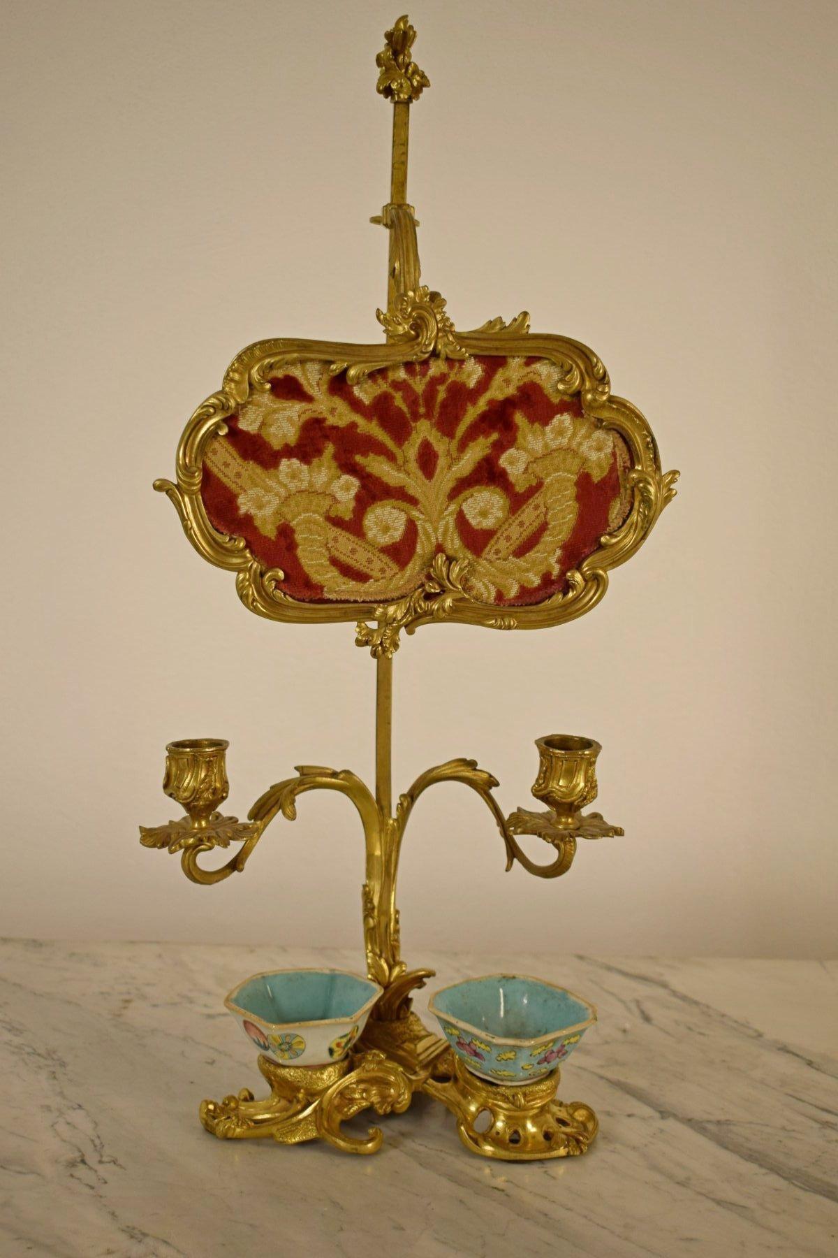 19th Century French Gilt Bronze Desk Candlestick with Cinese Ceramic Inkwell  1