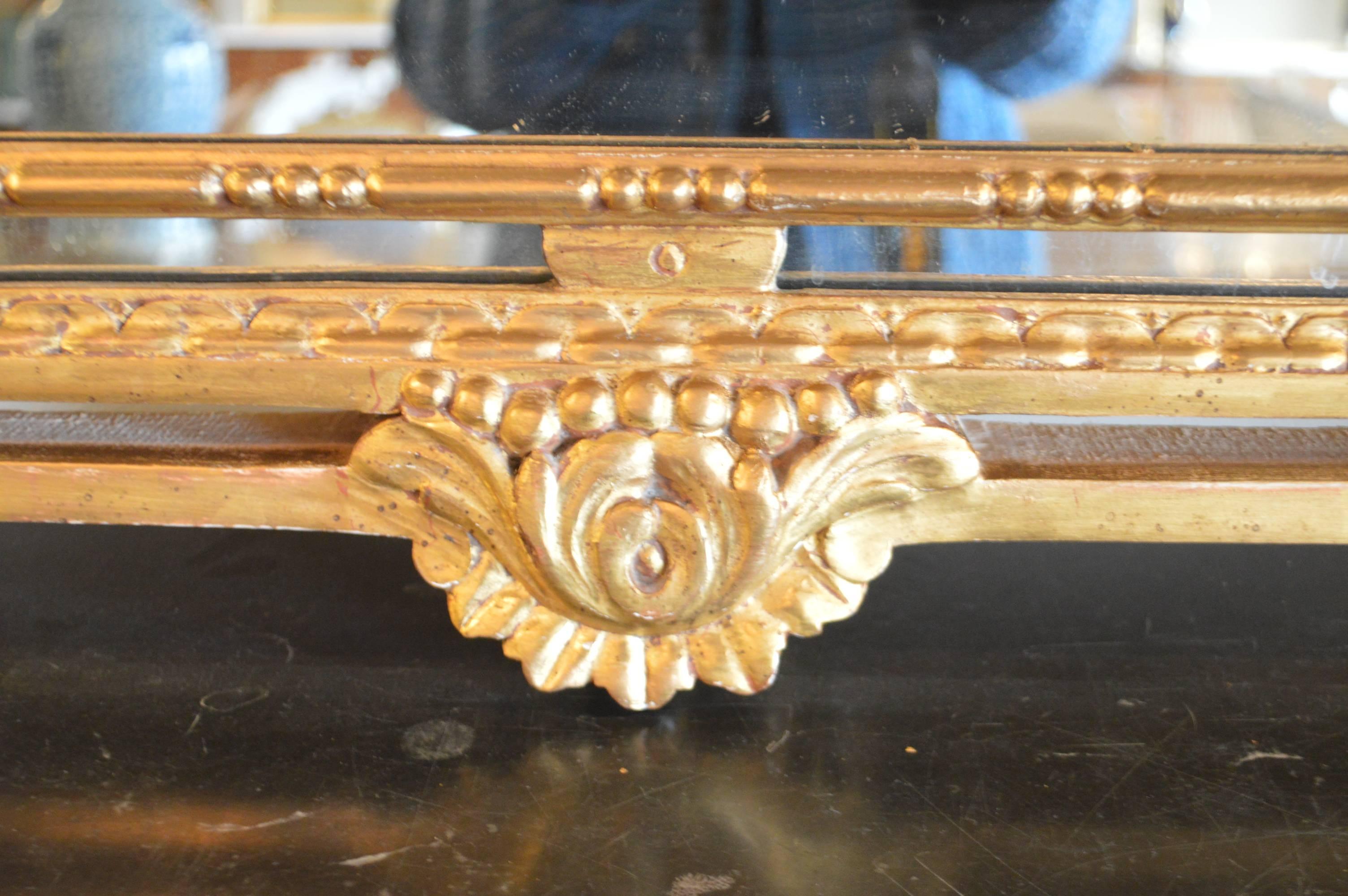 French 19th Century Louis XVI Style Gilded Mirror, Carved Details of Roses, Acanthus