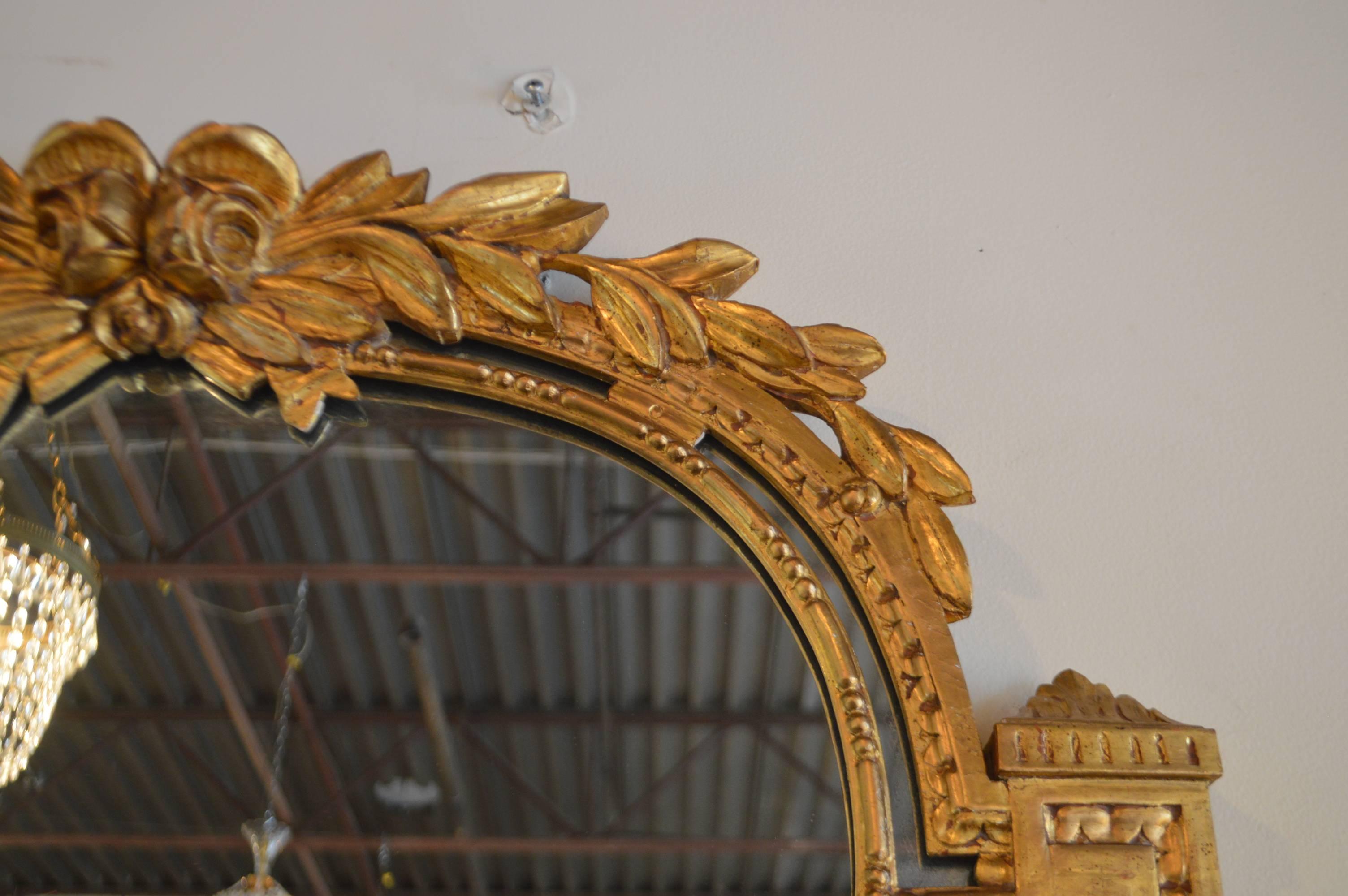 19th Century Louis XVI Style Gilded Mirror, Carved Details of Roses, Acanthus 1