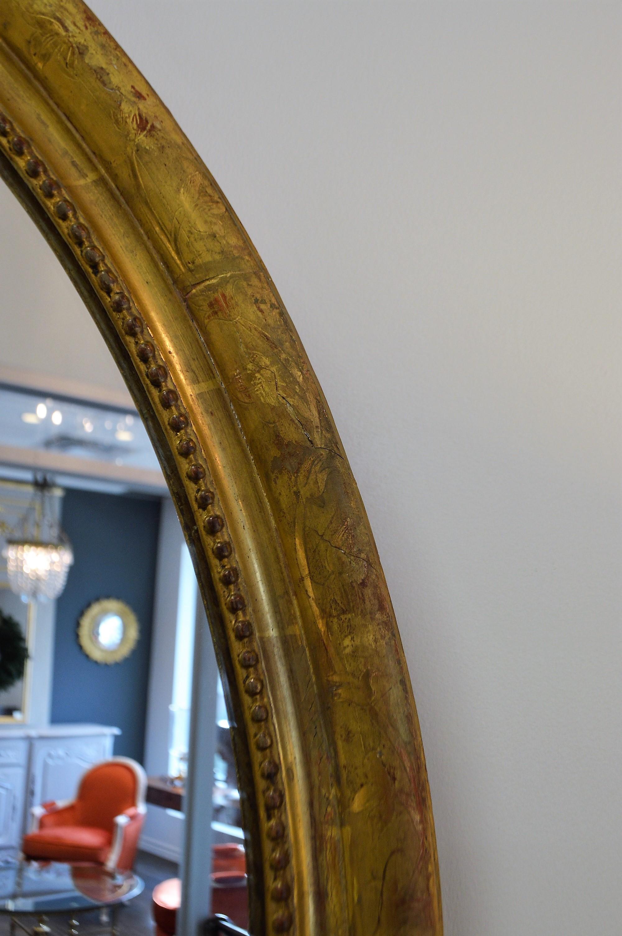 19th Century Louis XVI Style Gilded Oval Mirror, a Large Bow above the Frame In Fair Condition In Oakville, ON