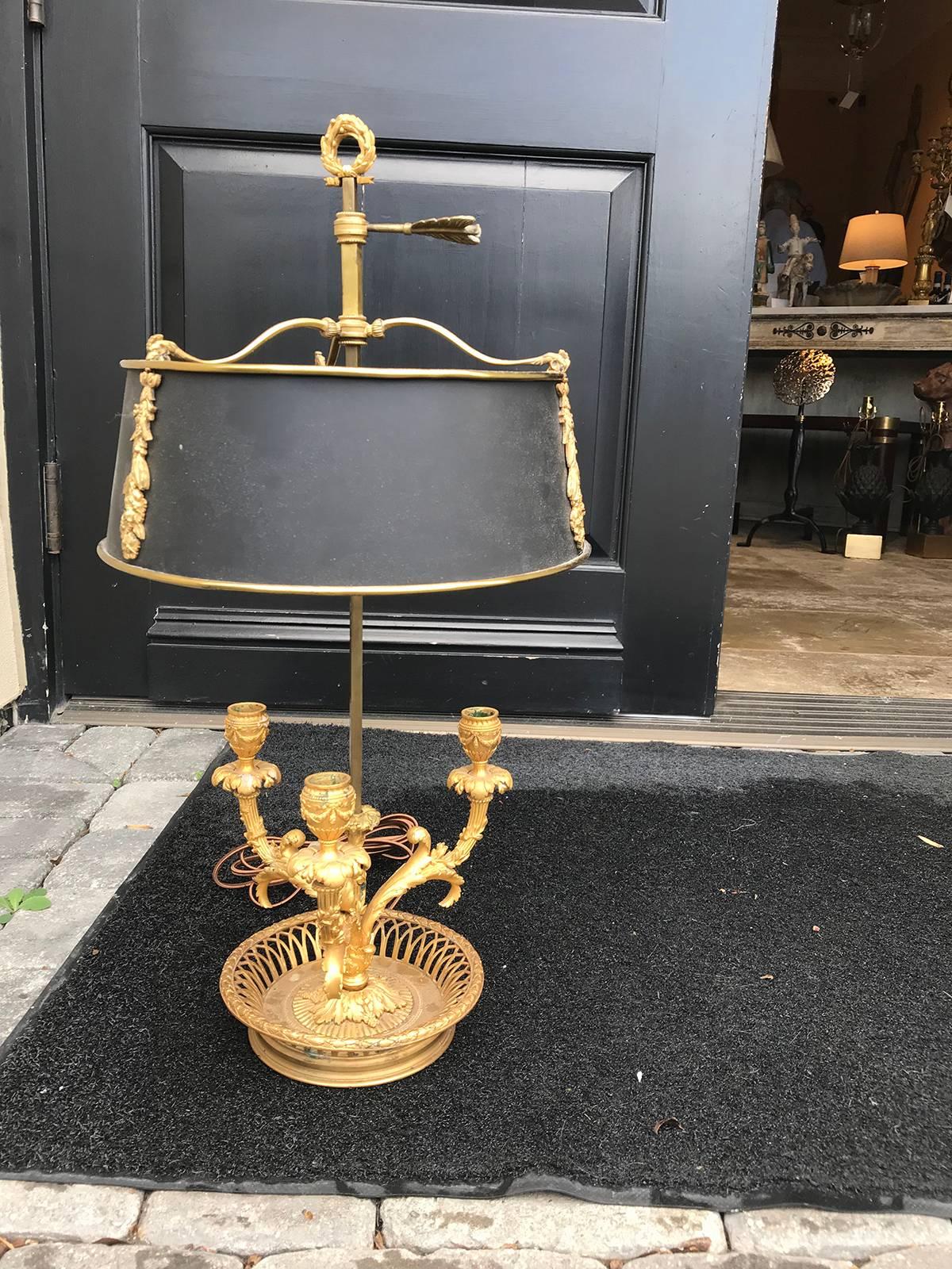 Unknown 19th Century Louis XVI Style Gilt Bronze Three-Light Bouillote Lamp