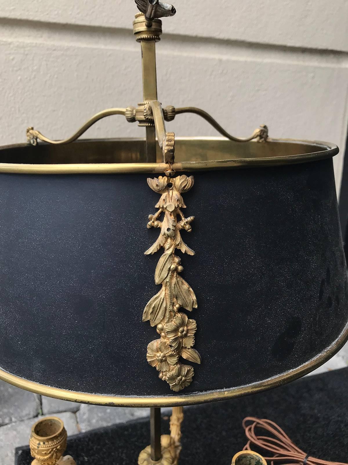 19th Century Louis XVI Style Gilt Bronze Three-Light Bouillote Lamp In Good Condition In Atlanta, GA