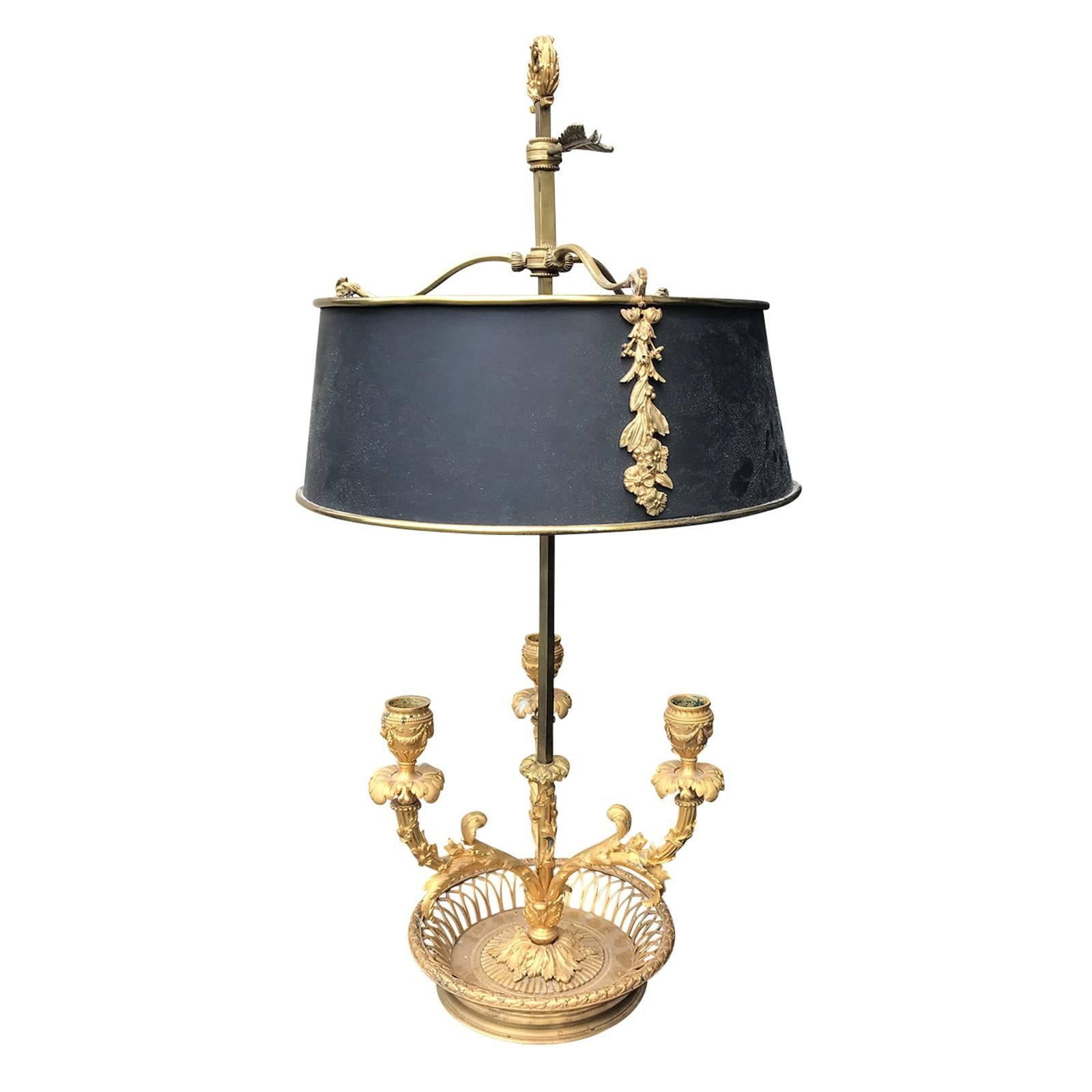 19th Century Louis XVI Style Gilt Bronze Three-Light Bouillote Lamp