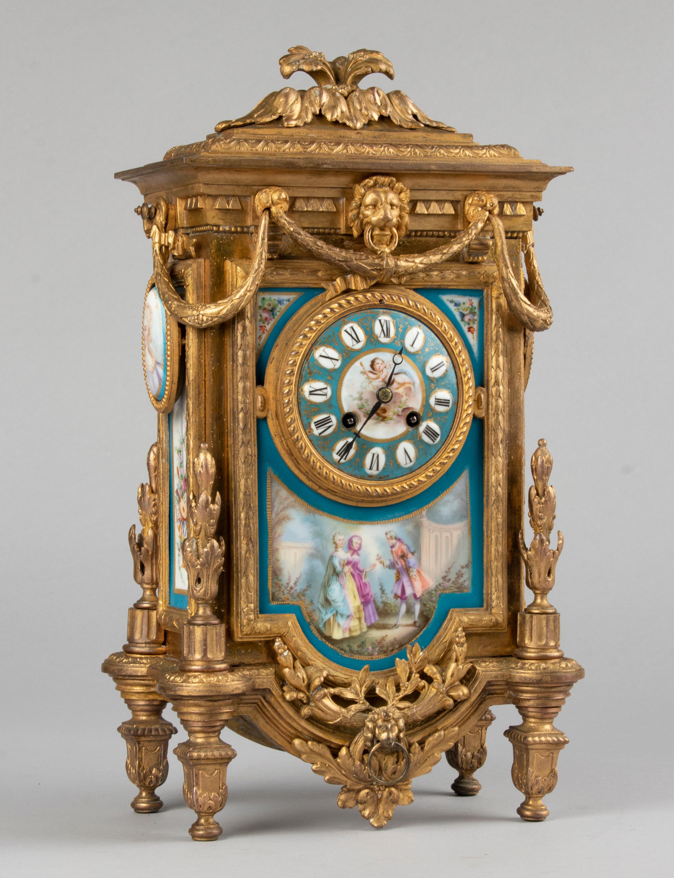 19th Century Louis XVI Style Gilt Spelter Sèvres Porcelain Mantel Clock 5