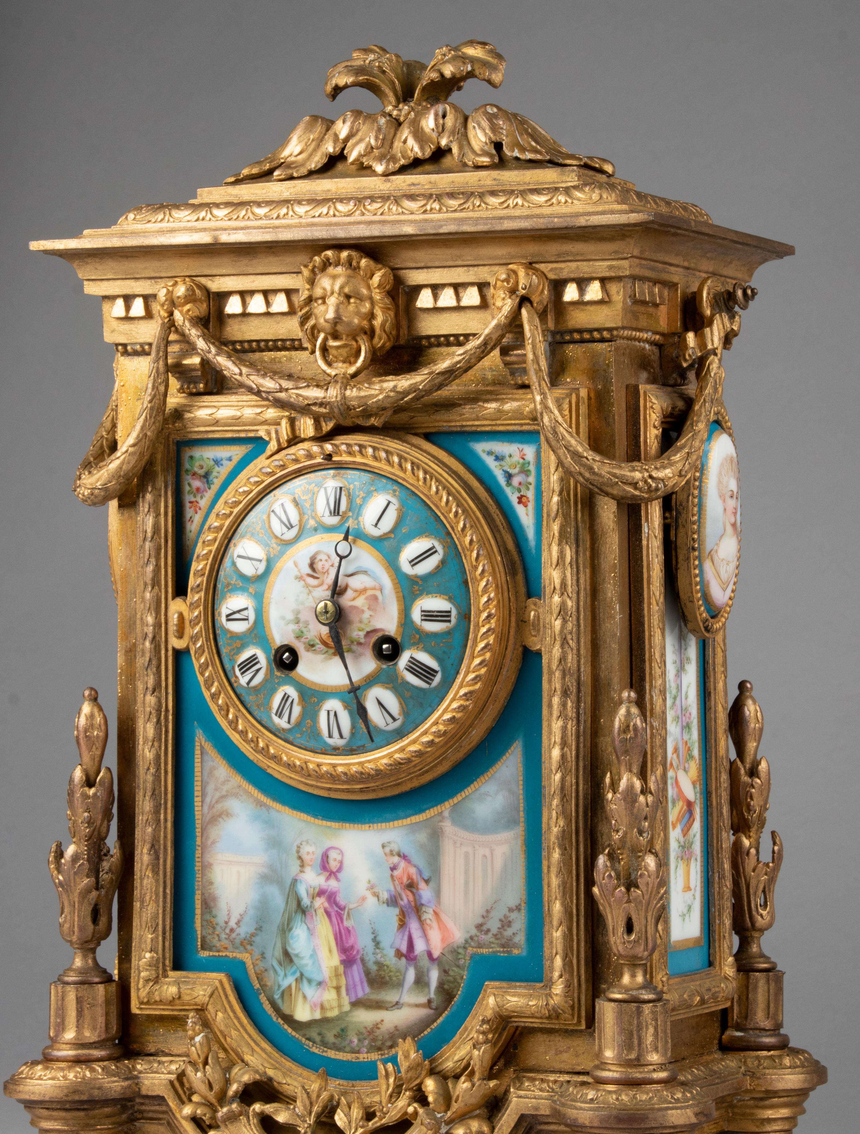 19th Century Louis XVI Style Gilt Spelter Sèvres Porcelain Mantel Clock 6