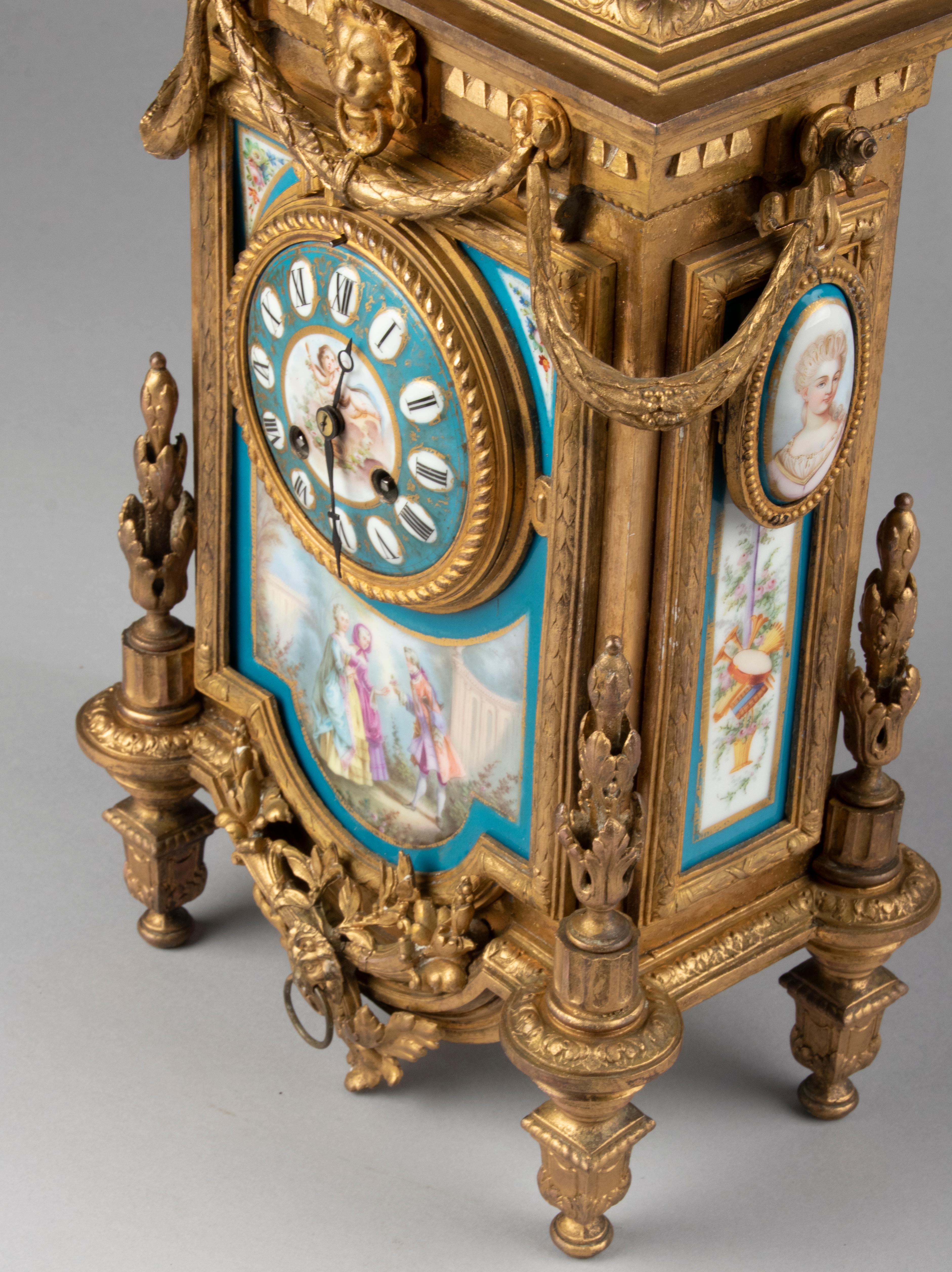 19th Century Louis XVI Style Gilt Spelter Sèvres Porcelain Mantel Clock 9