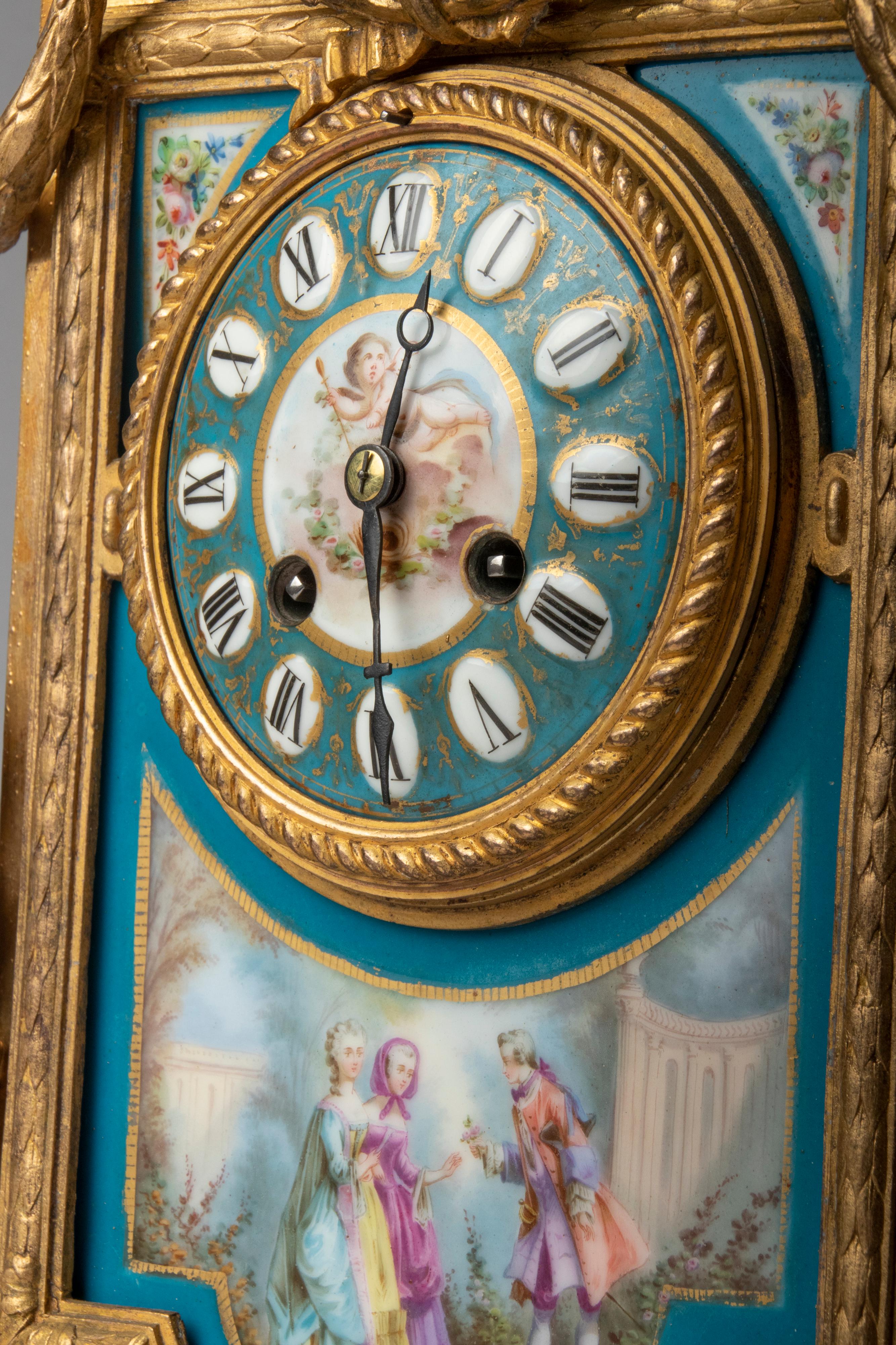 19th Century Louis XVI Style Gilt Spelter Sèvres Porcelain Mantel Clock 13