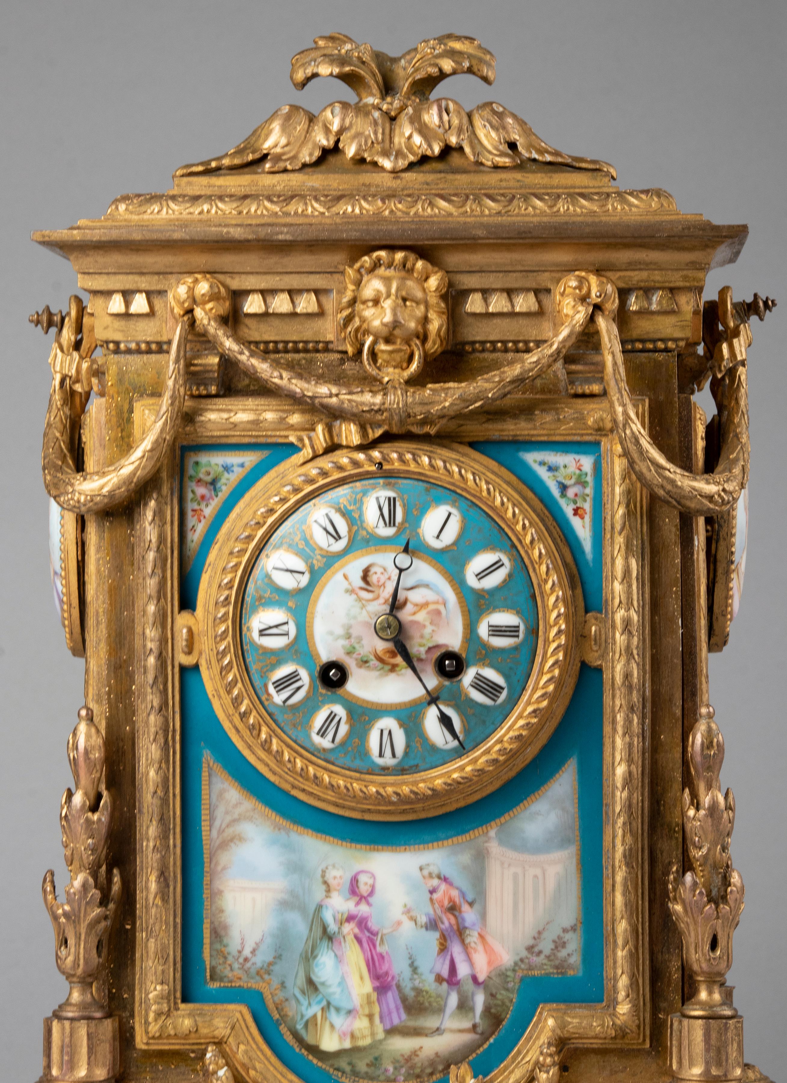 French 19th Century Louis XVI Style Gilt Spelter Sèvres Porcelain Mantel Clock