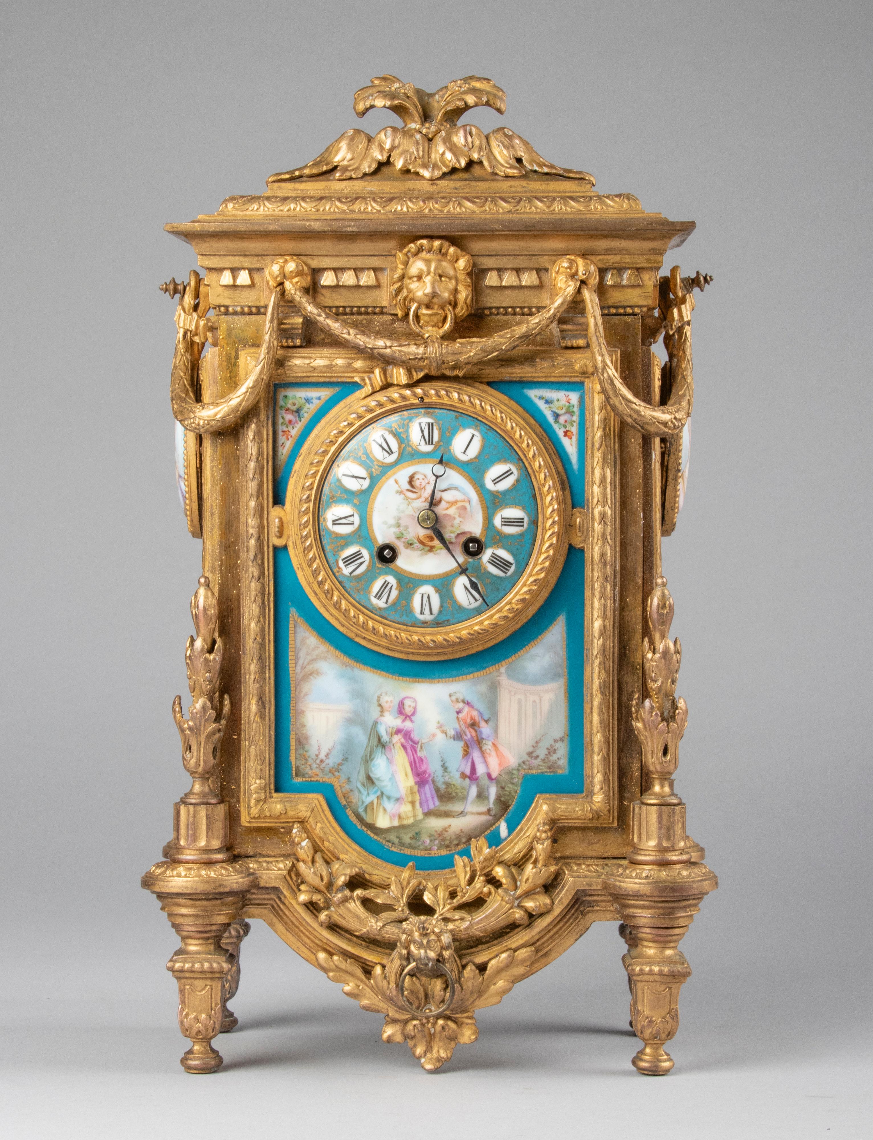 Late 19th Century 19th Century Louis XVI Style Gilt Spelter Sèvres Porcelain Mantel Clock