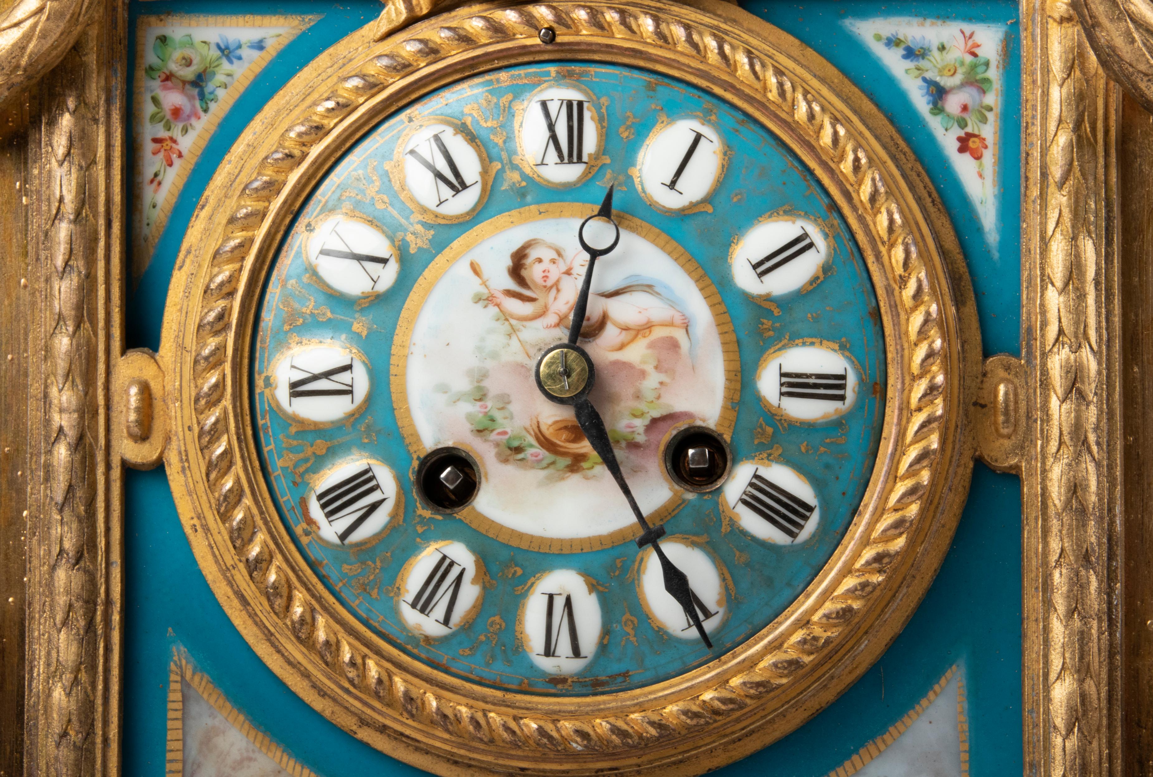 19th Century Louis XVI Style Gilt Spelter Sèvres Porcelain Mantel Clock 1