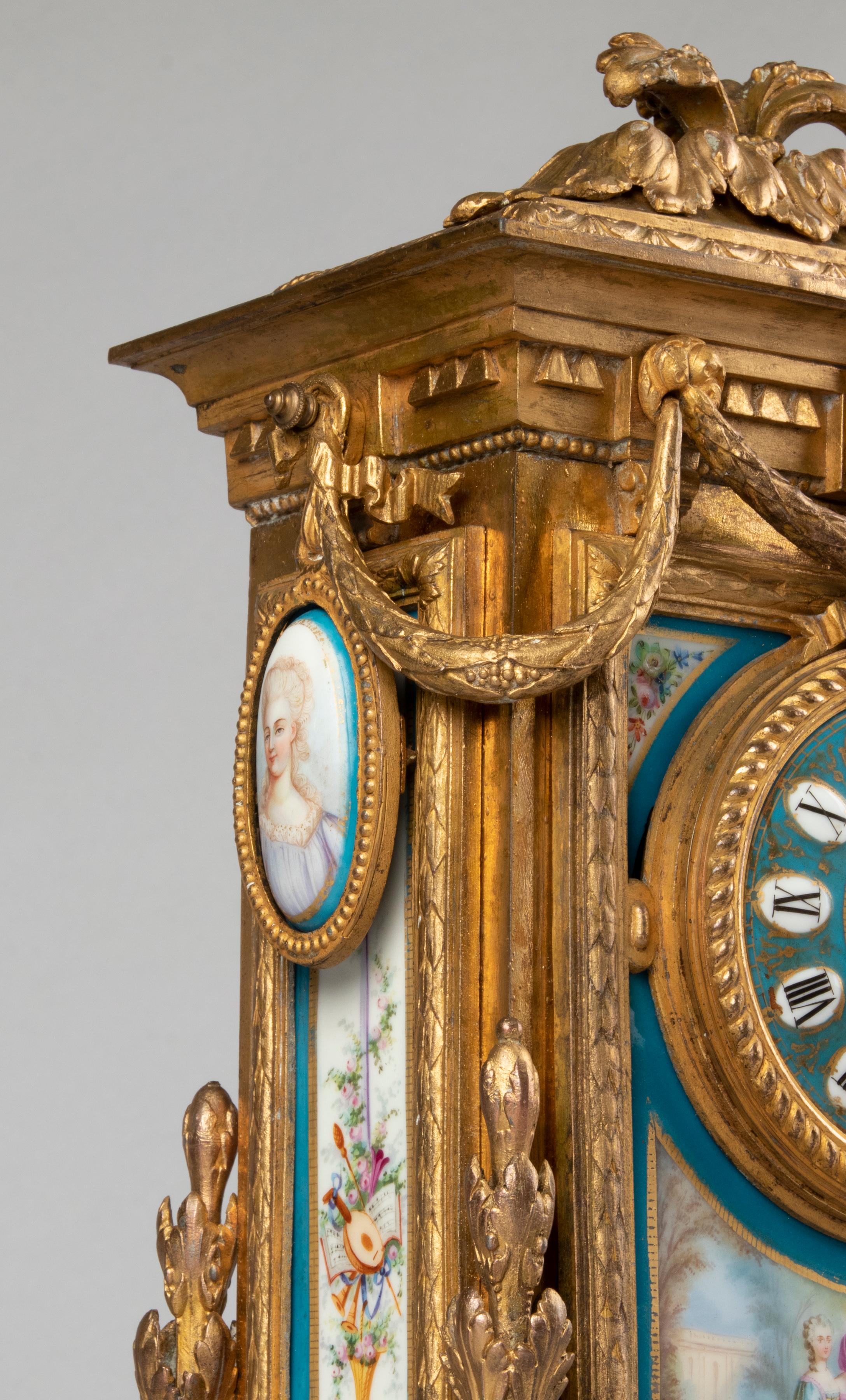 19th Century Louis XVI Style Gilt Spelter Sèvres Porcelain Mantel Clock 2