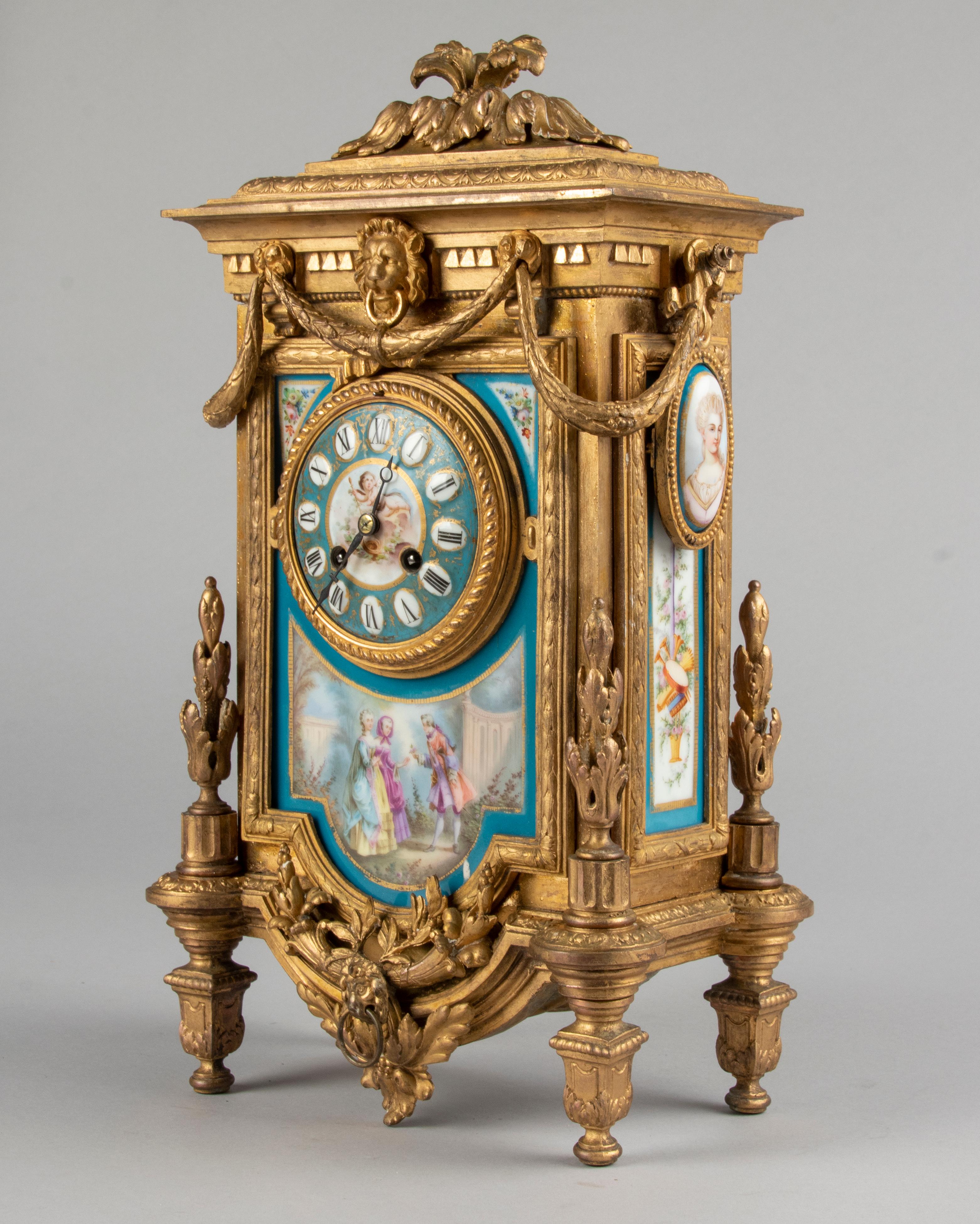 19th Century Louis XVI Style Gilt Spelter Sèvres Porcelain Mantel Clock 3