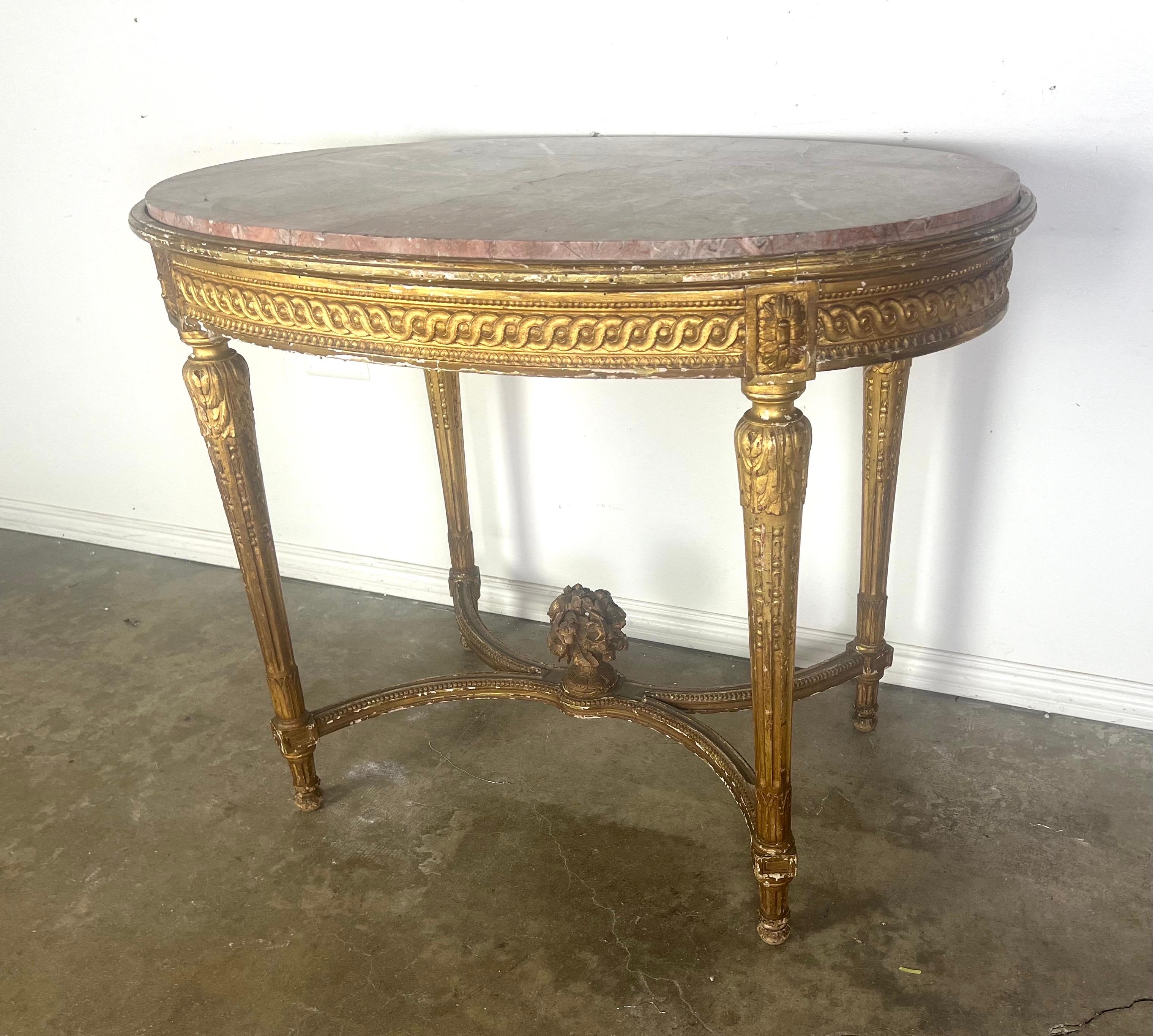Carved 19th Century Louis XVI Style Gilt Wood Table w/ Marble Top For Sale