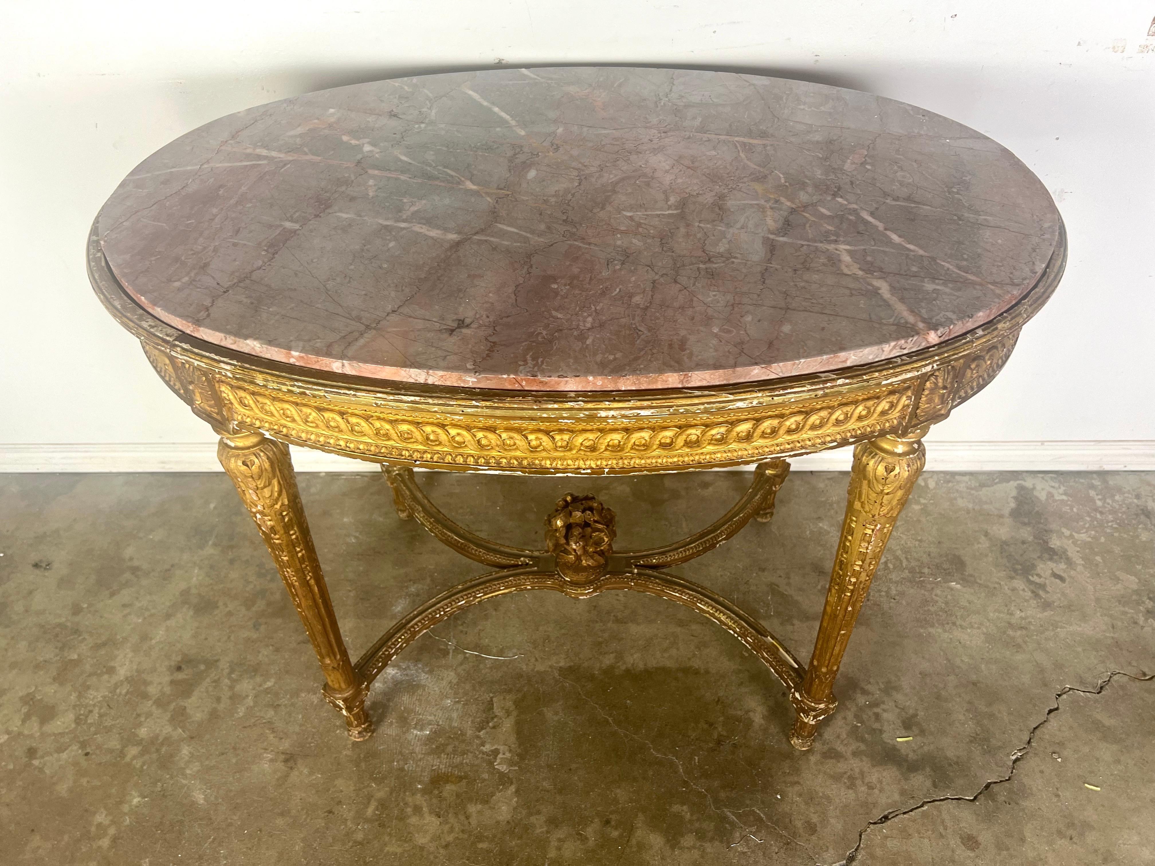 19th Century Louis XVI Style Gilt Wood Table w/ Marble Top In Distressed Condition For Sale In Los Angeles, CA