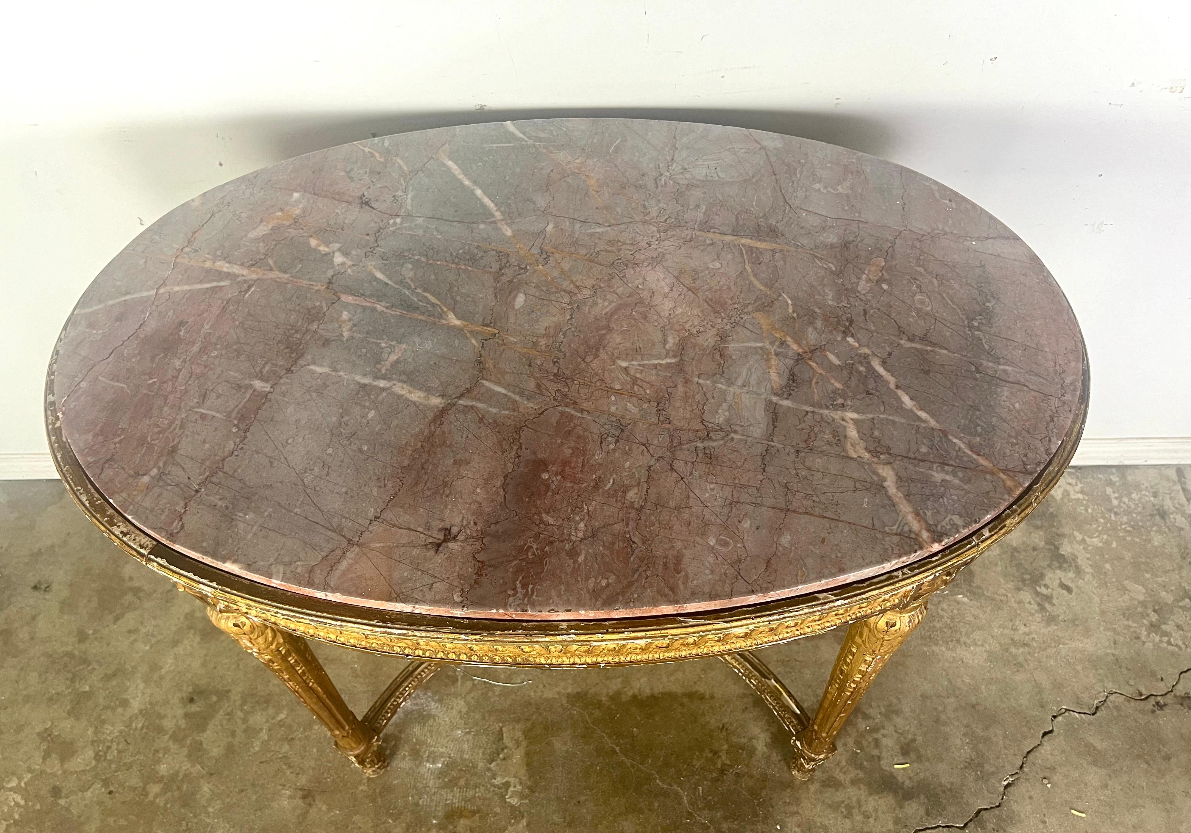 19th Century Louis XVI Style Gilt Wood Table w/ Marble Top For Sale 1