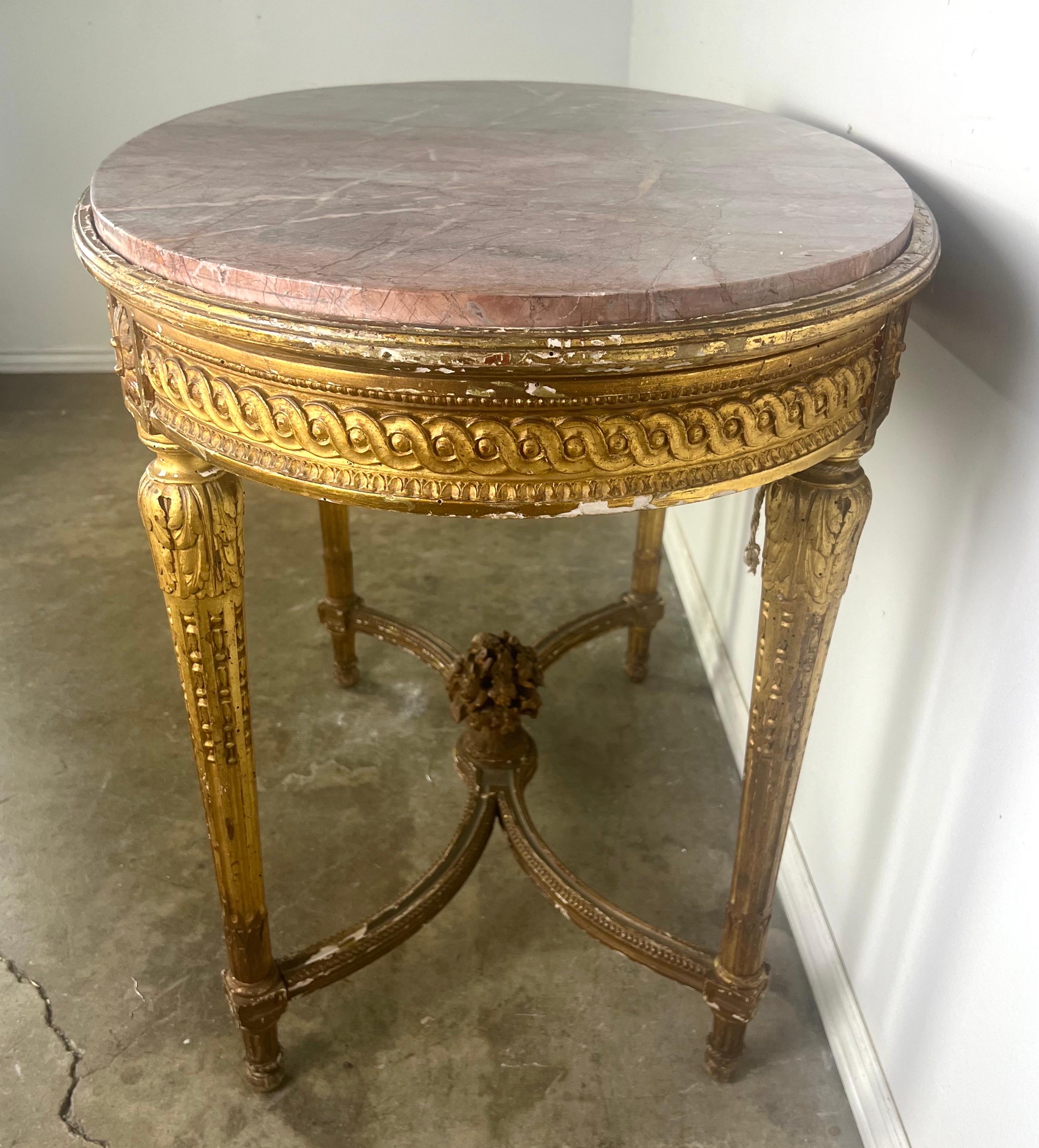 19th Century Louis XVI Style Gilt Wood Table w/ Marble Top For Sale 2