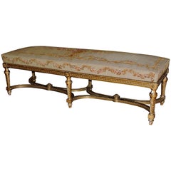 19th Century Louis XVI Style Giltwood and Tapestry Large Stool Banquette